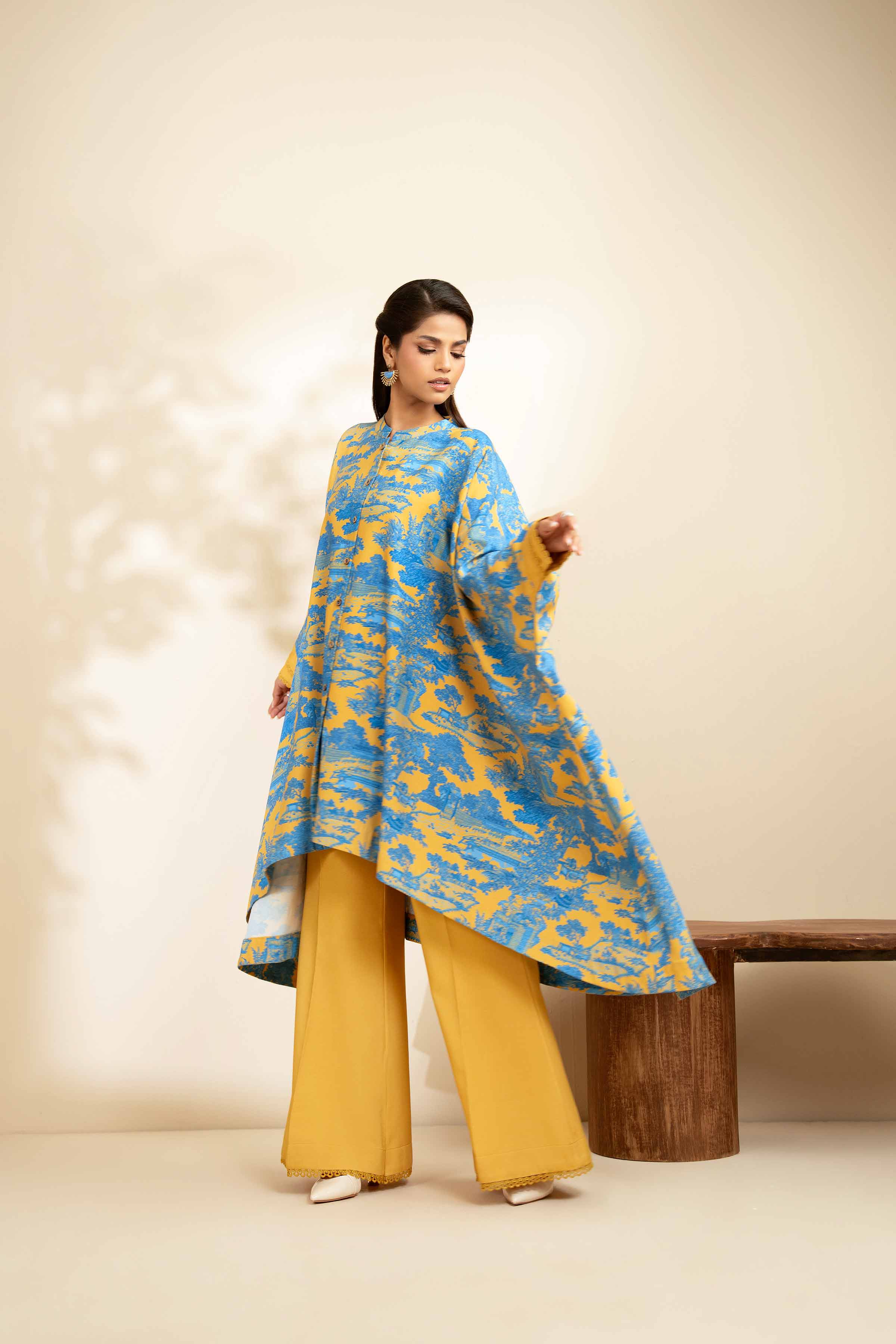 NISHATUAE - Blue Printed Linen 2-piece Unstitched Dress