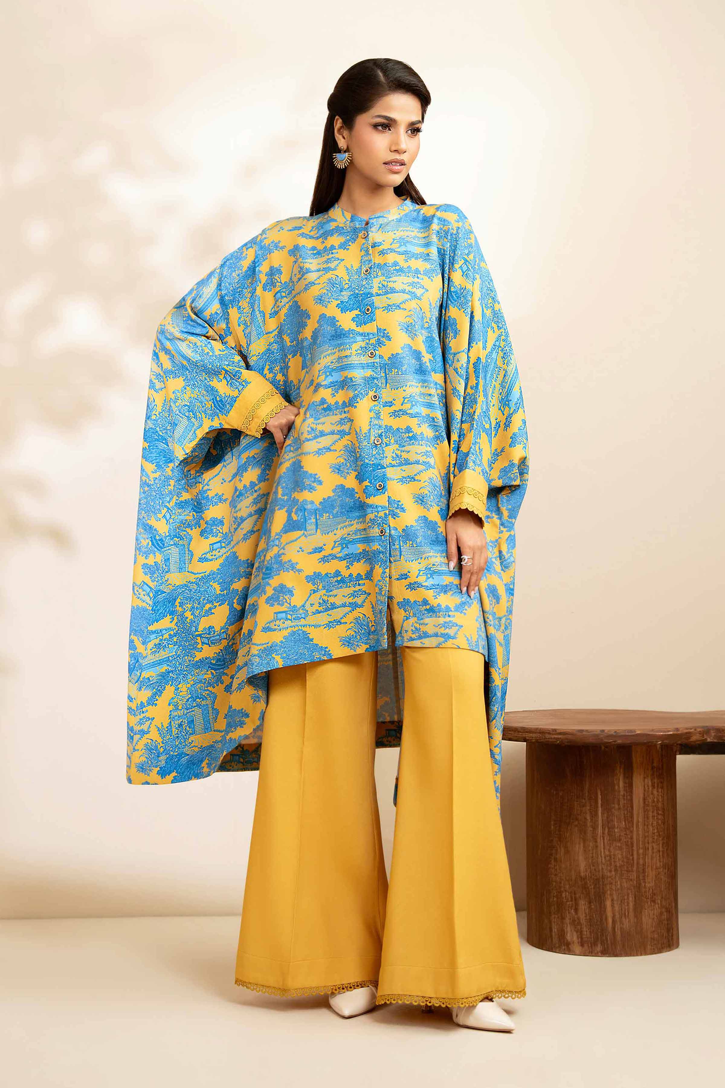 NISHATUAE - Blue Printed Linen 2-piece Unstitched Dress