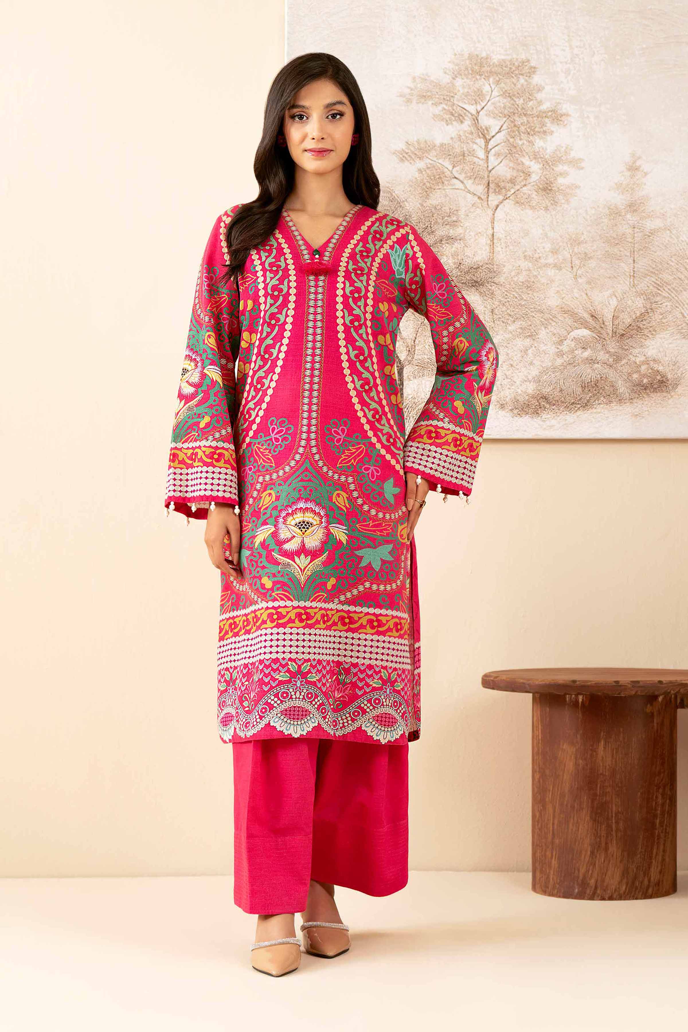 NISHATUAE - Fuchsia Printed Khaddar 2-piece Unstitched Dress