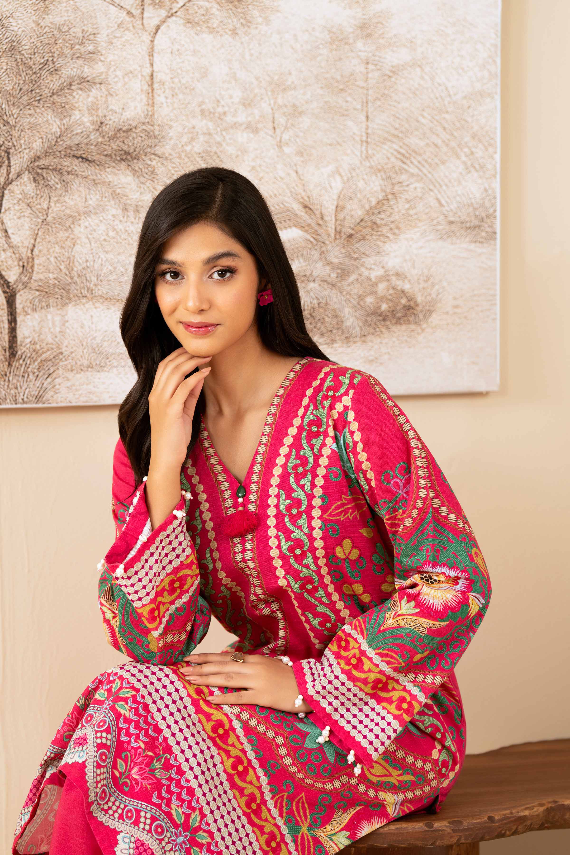 NISHATUAE - Fuchsia Printed Khaddar 2-piece Unstitched Dress