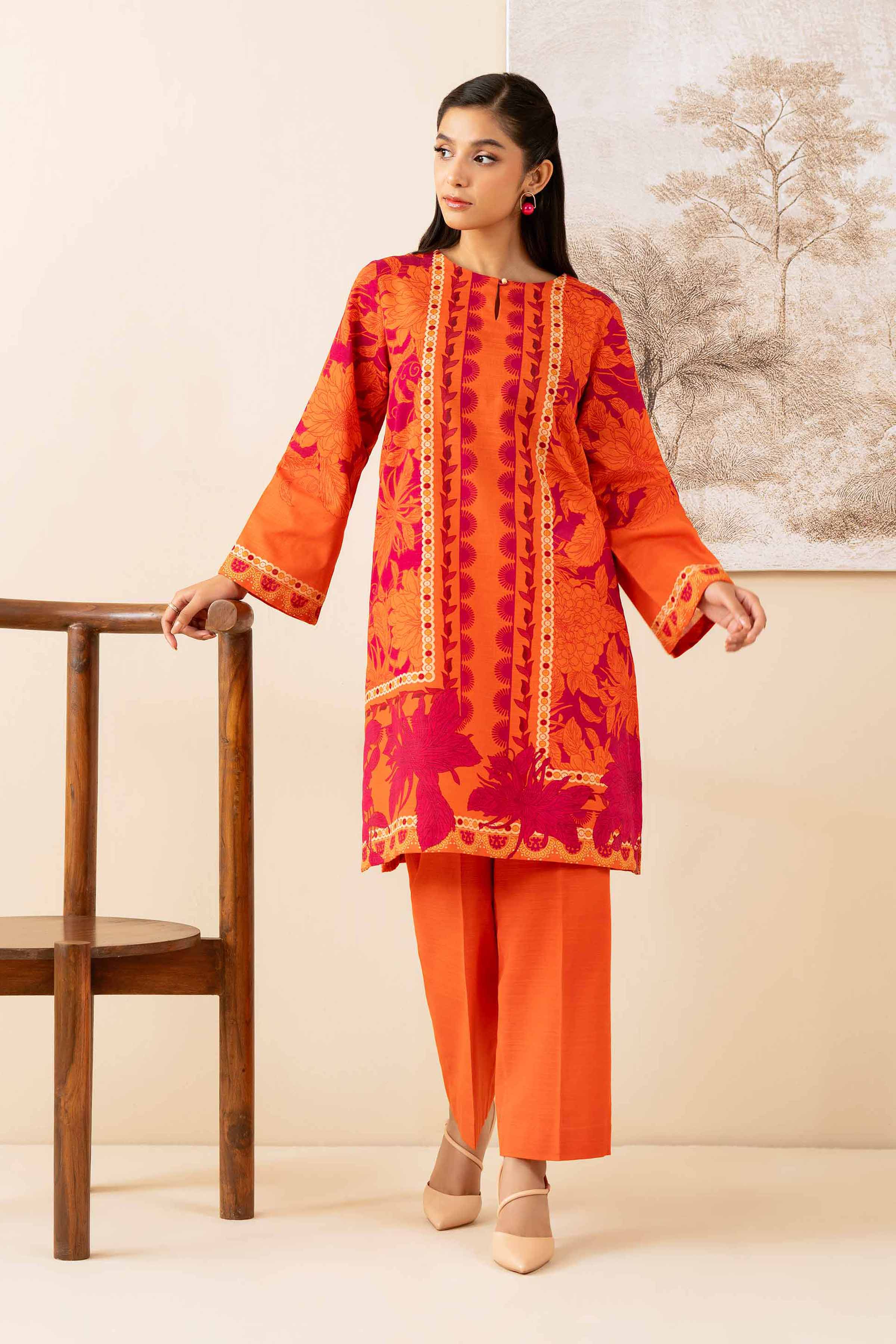 NISHATUAE - Orange Printed Khaddar 2-piece Unstitched Dress