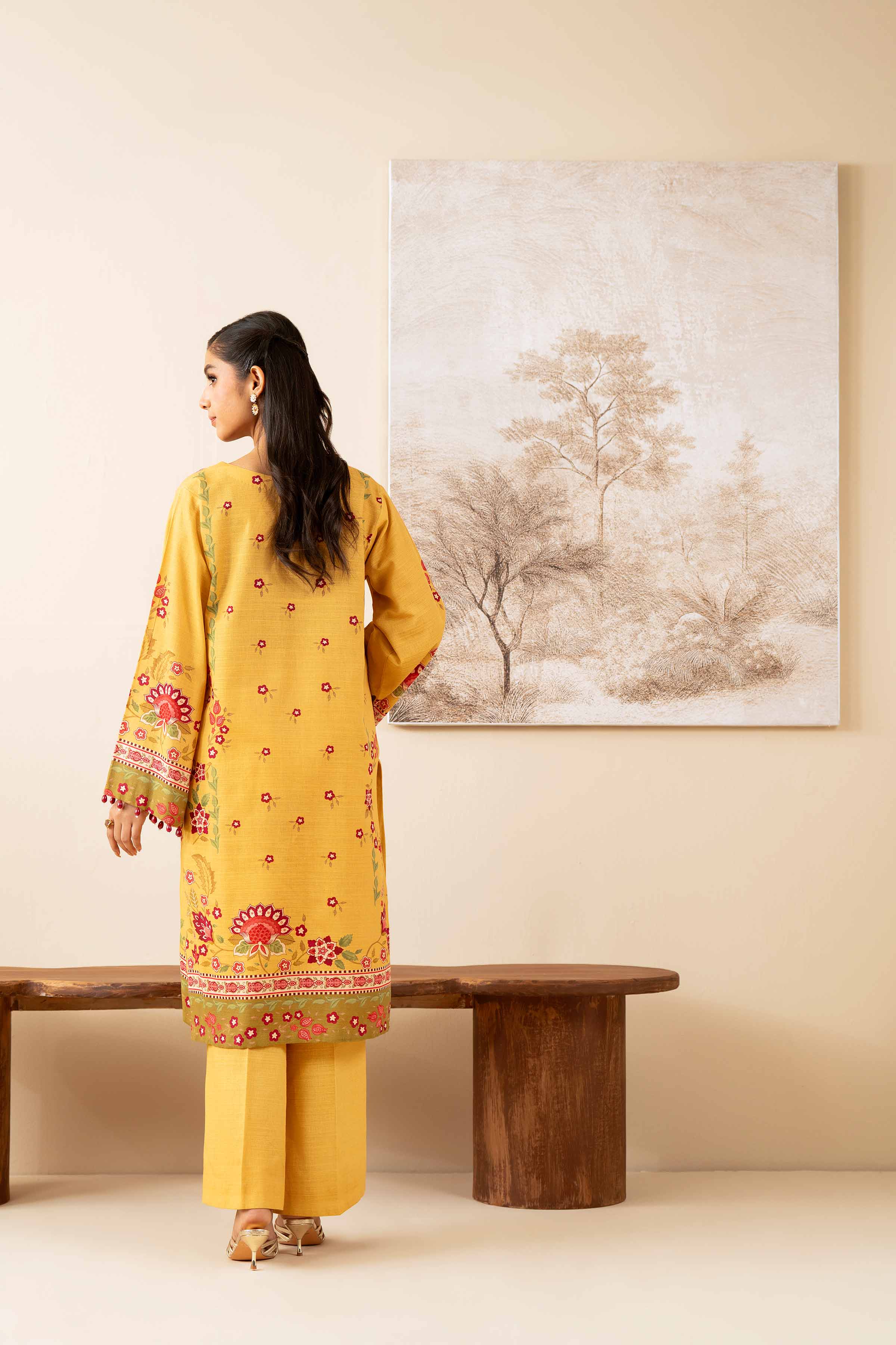 NISHATUAE - Mustard Printed Khaddar 2-piece Unstitched Dress