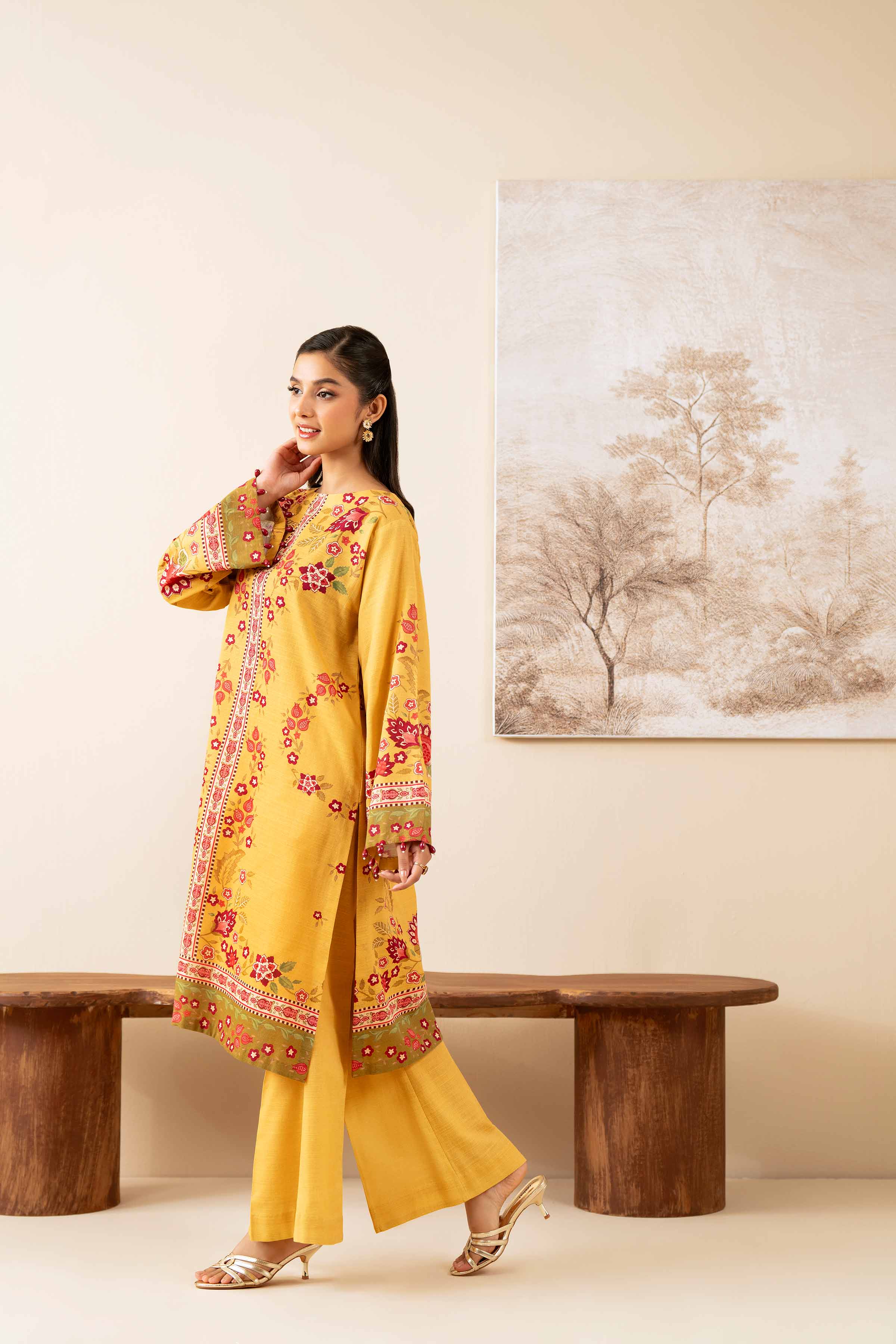 NISHATUAE - Mustard Printed Khaddar 2-piece Unstitched Dress