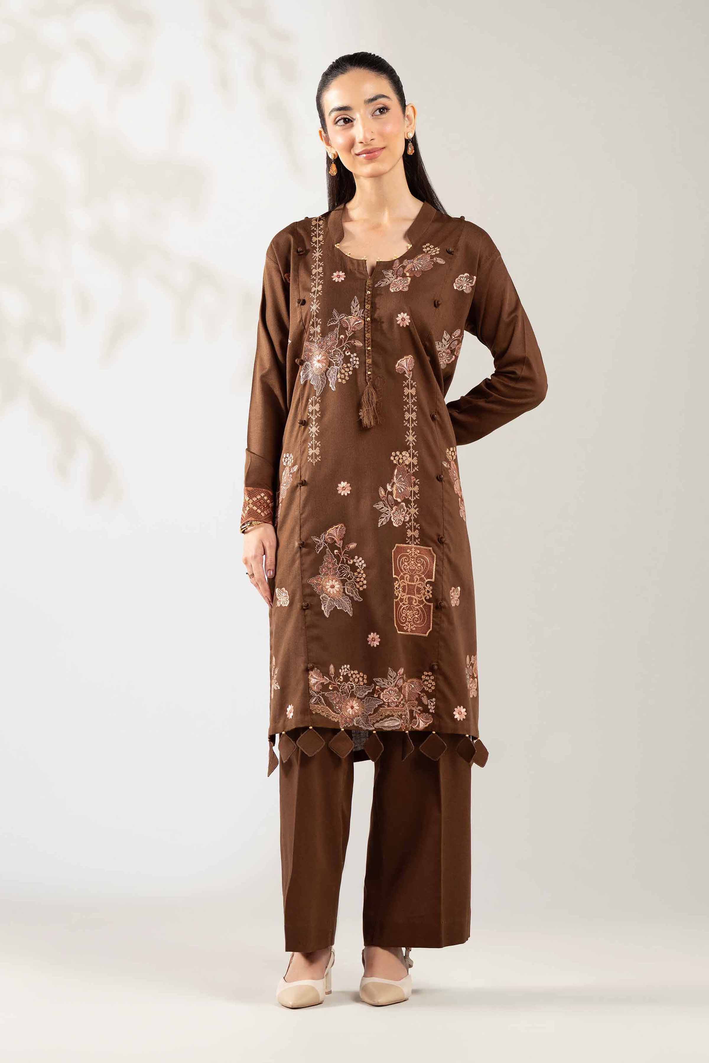NISHATUAE - Brown Embroidered Karandi 2-piece Unstitched Dress