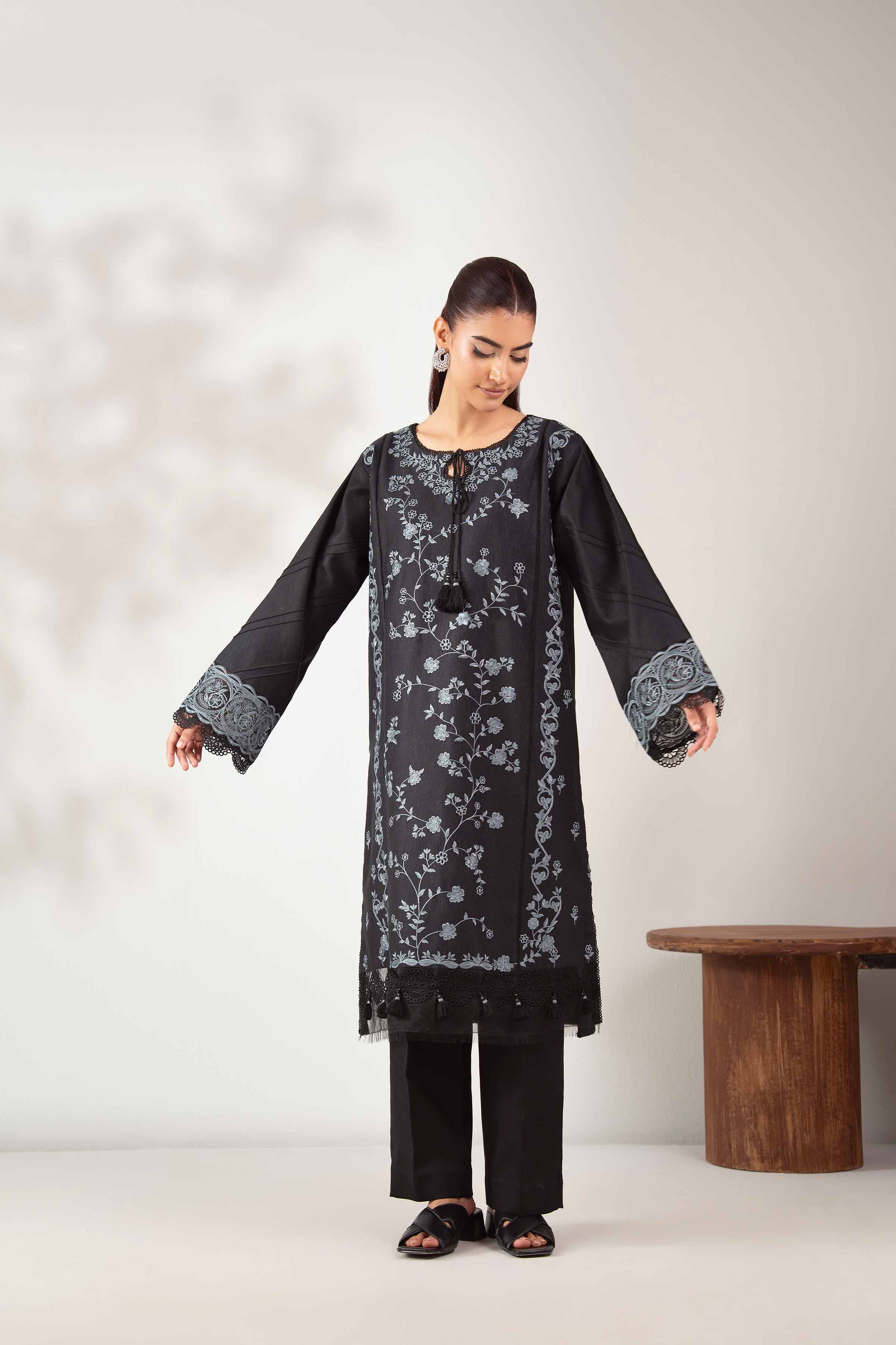 NISHATUAE - Black Embroidered Karandi 2-piece Unstitched Dress