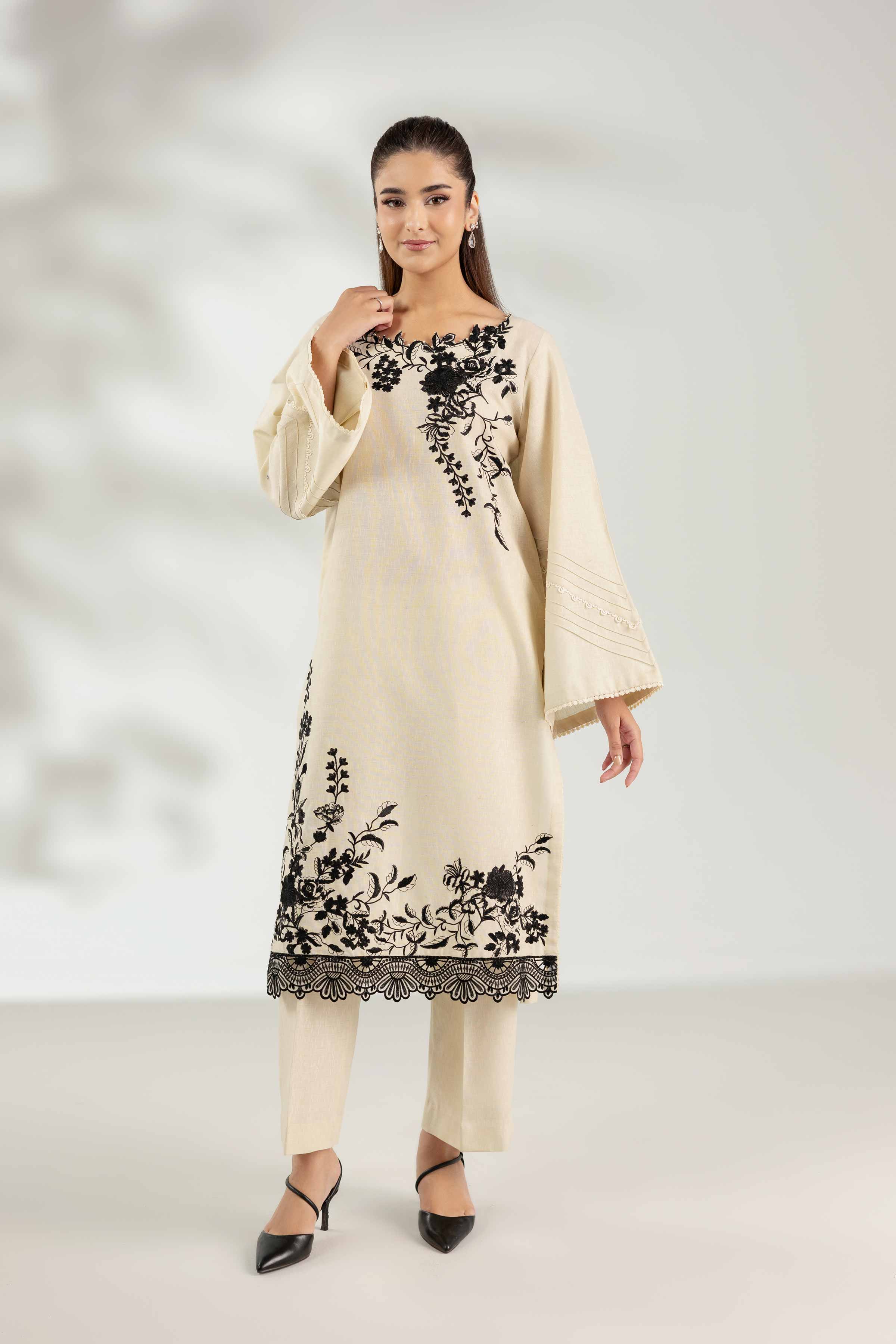NISHATUAE - Off White Embroidered Karandi 2-piece Unstitched Dress
