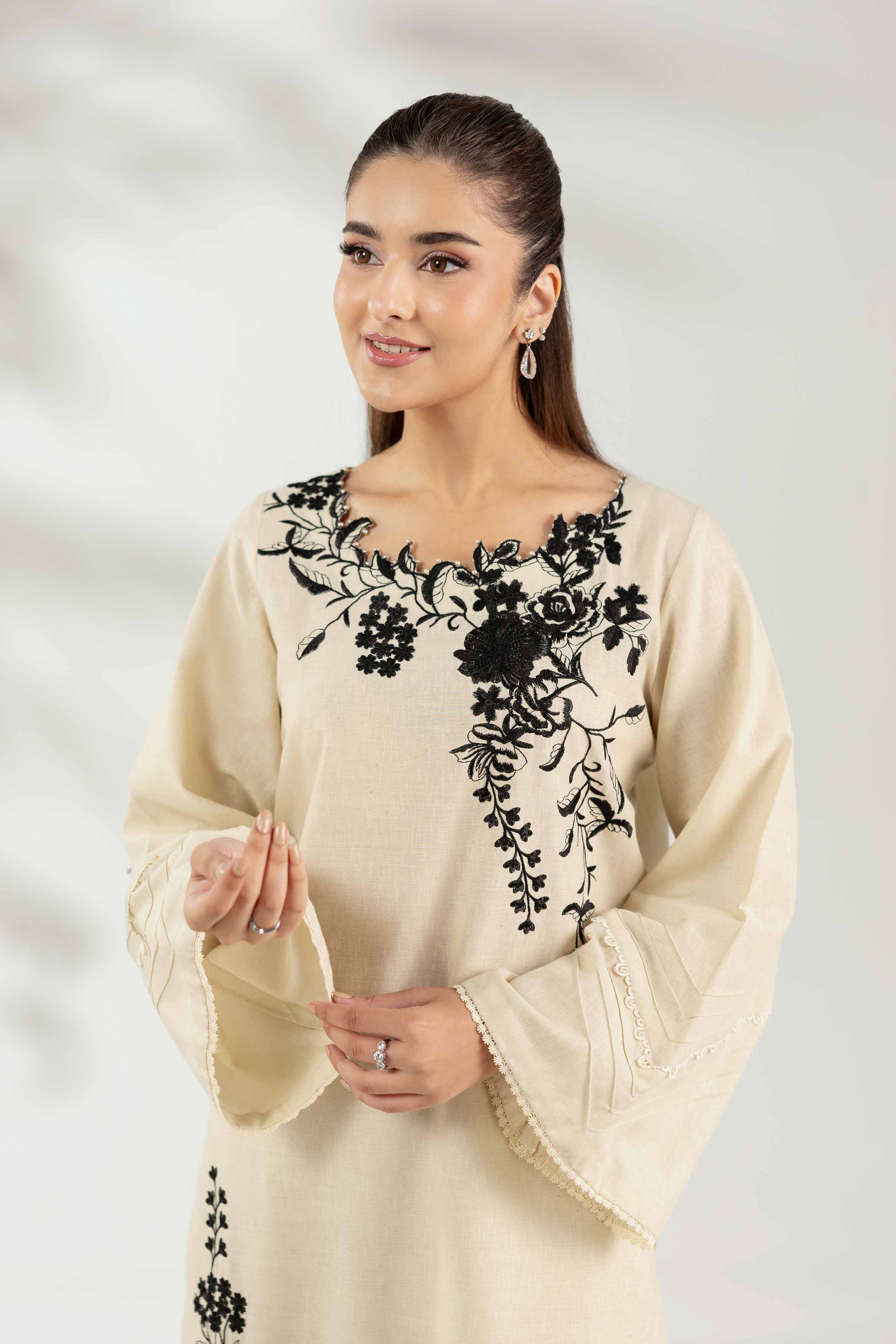 NISHATUAE - Off White Embroidered Karandi 2-piece Unstitched Dress