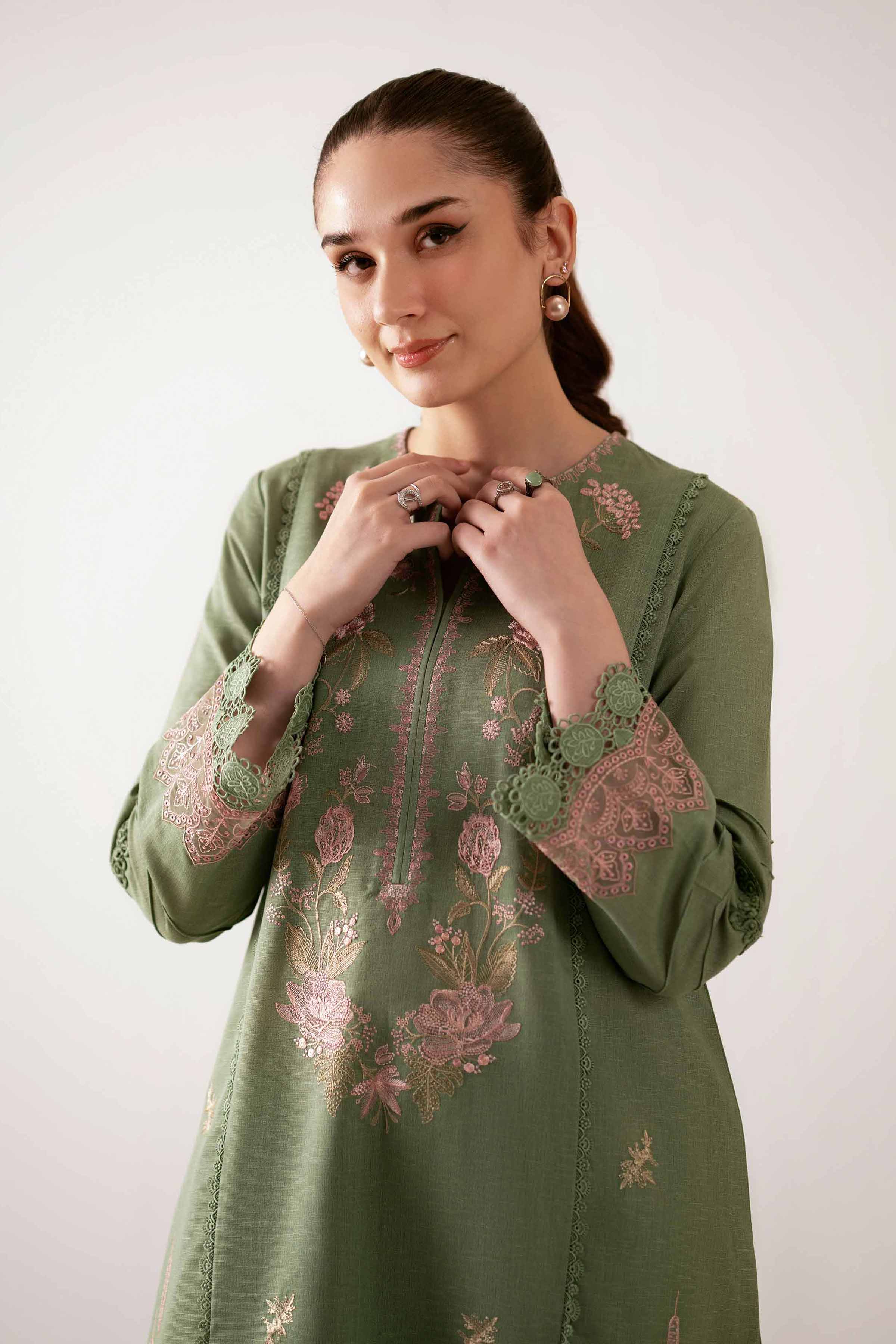 NISHATUAE - Green Embroidered Karandi 2-piece Unstitched Dress
