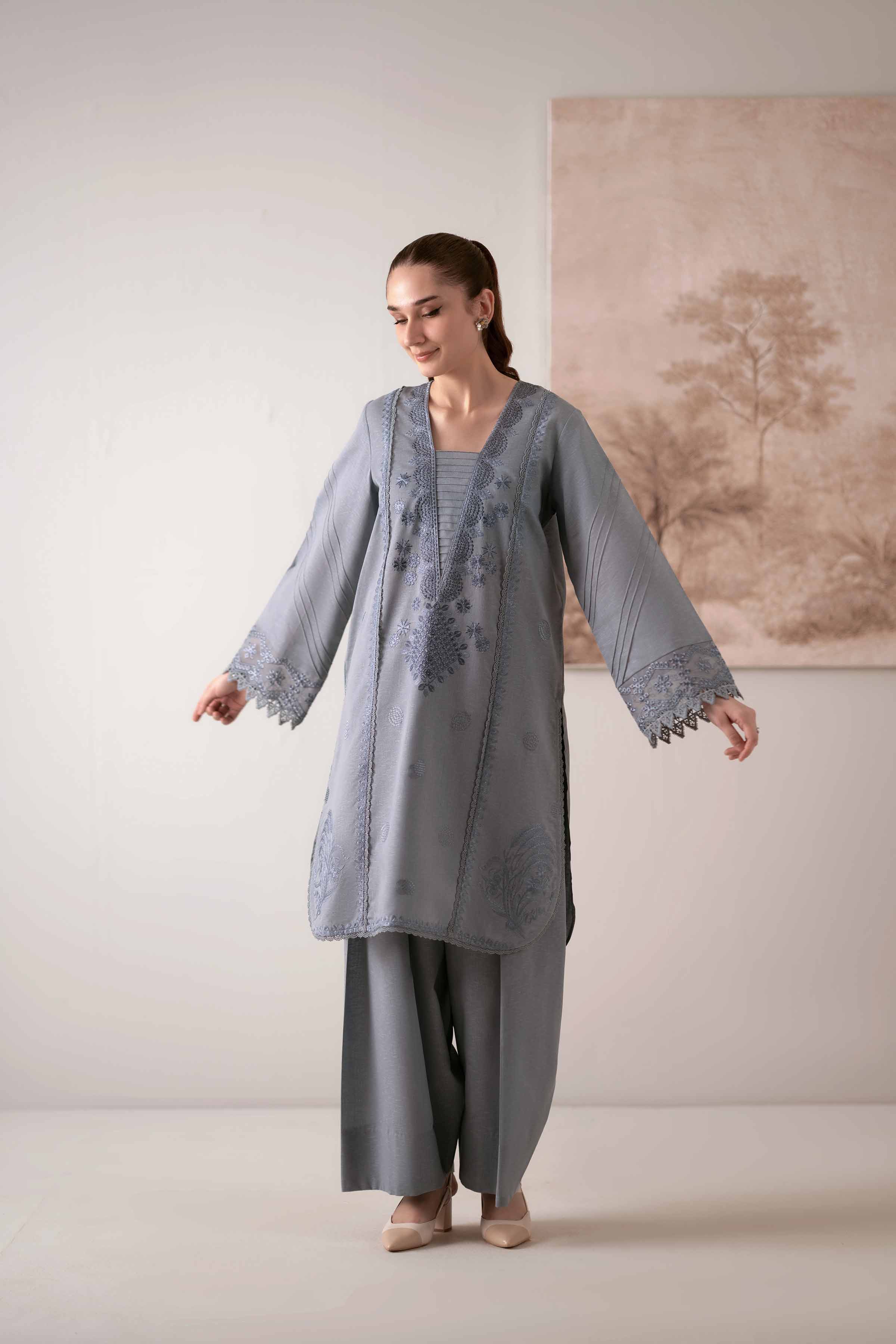 NISHATUAE - Grey Embroidered Karandi 2-piece Unstitched Dress