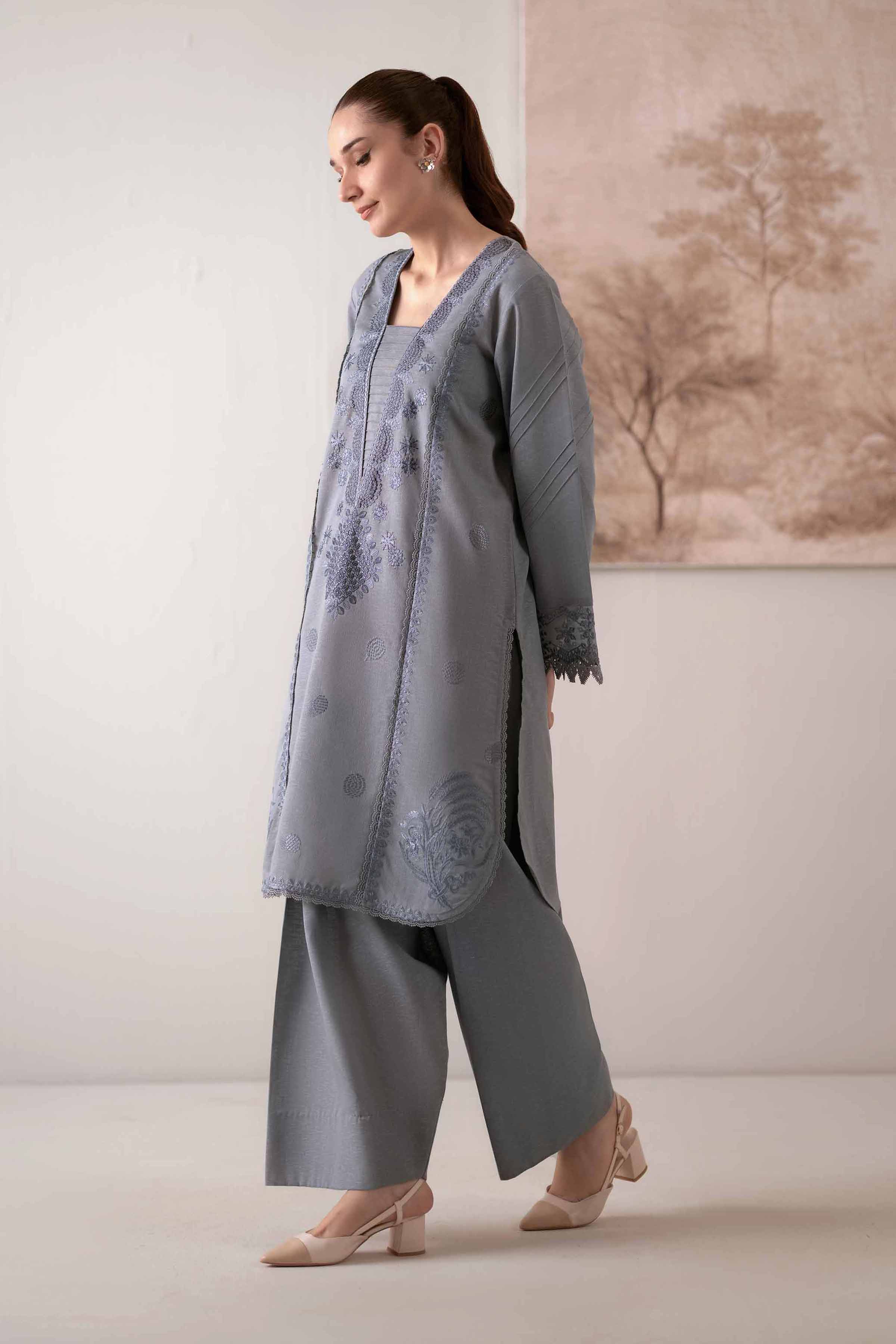 NISHATUAE - Grey Embroidered Karandi 2-piece Unstitched Dress