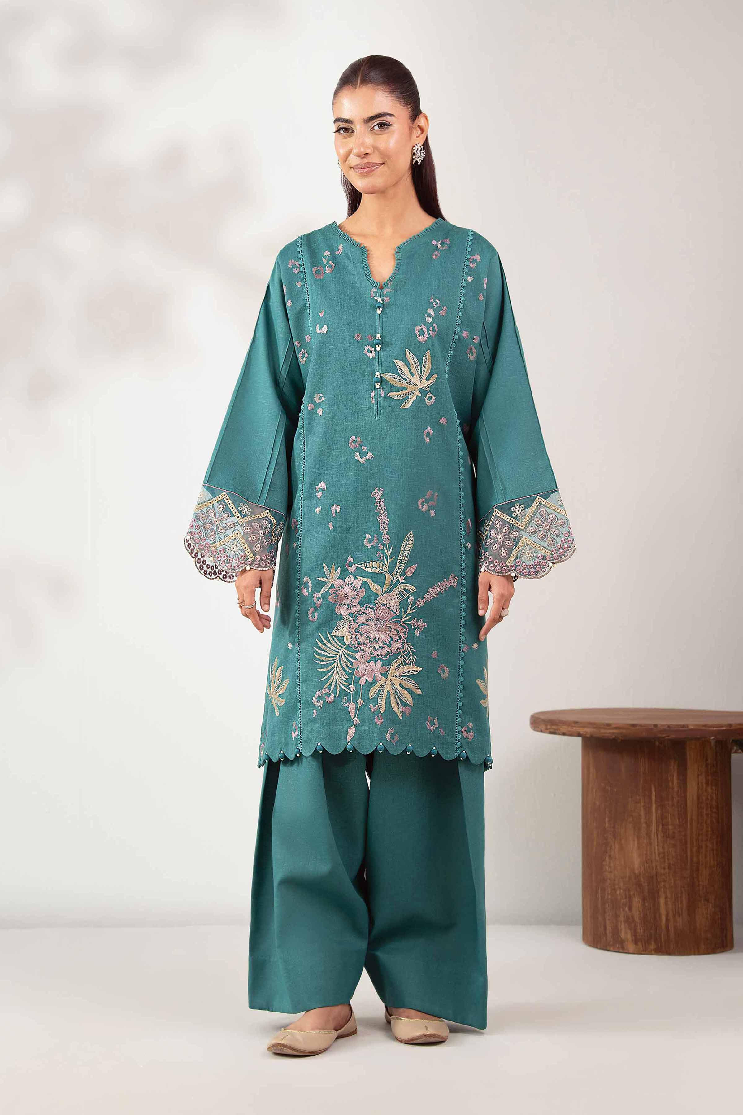 NISHATUAE - Green Embroidered Karandi 2-piece Unstitched Dress