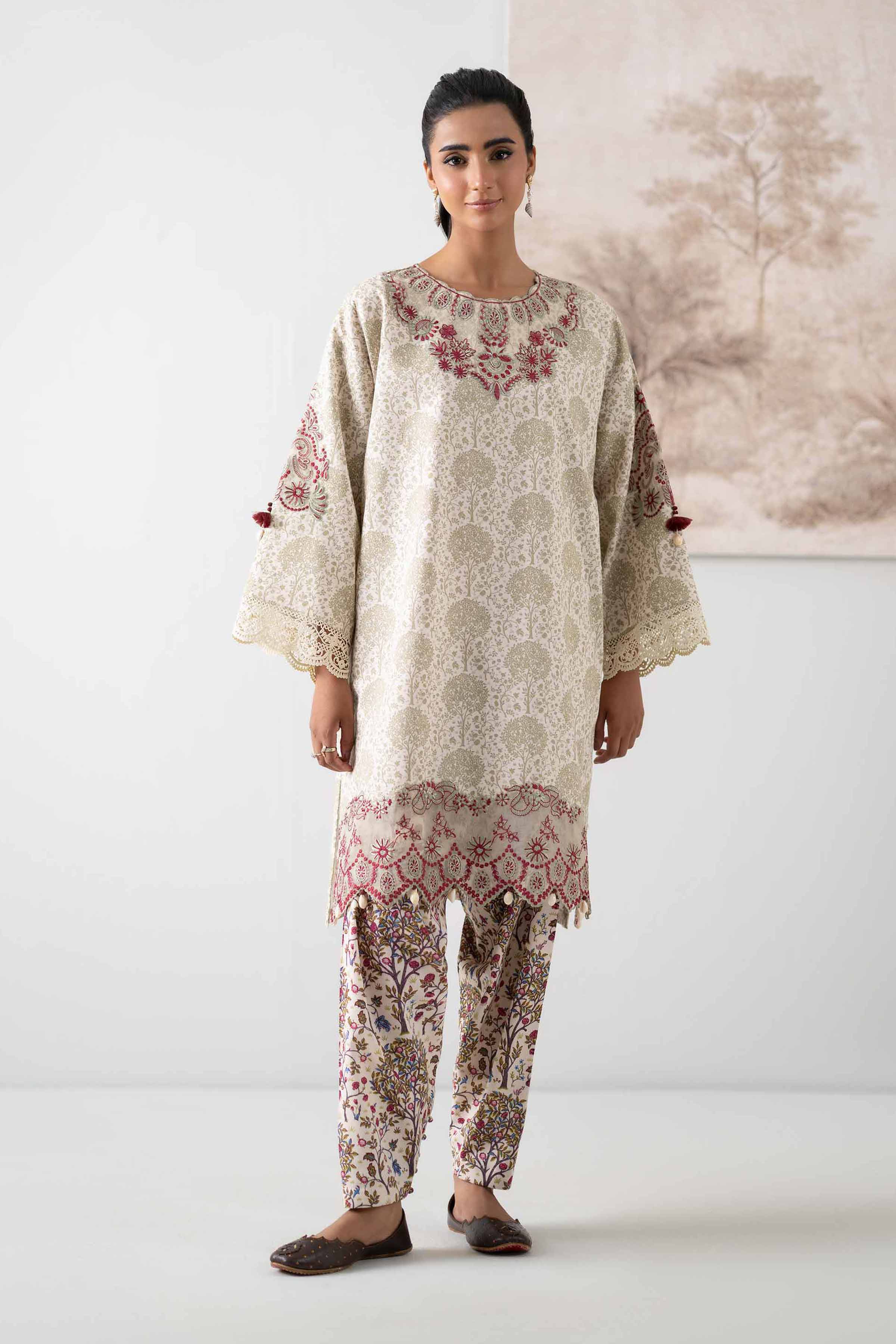NISHATUAE - Off White Embroidered Karandi 2-piece Unstitched Dress