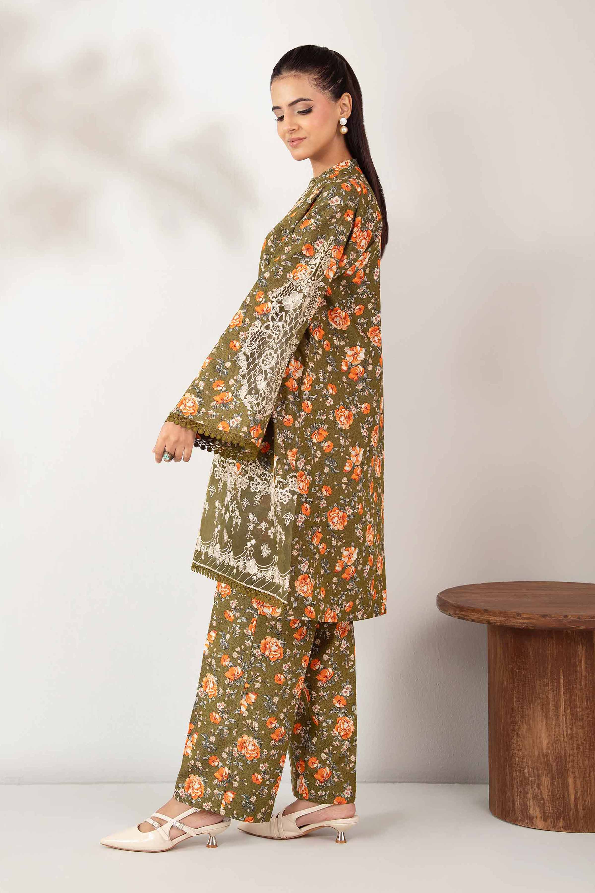 NISHATUAE - Olive Embroidered Karandi 2-piece Unstitched Dress