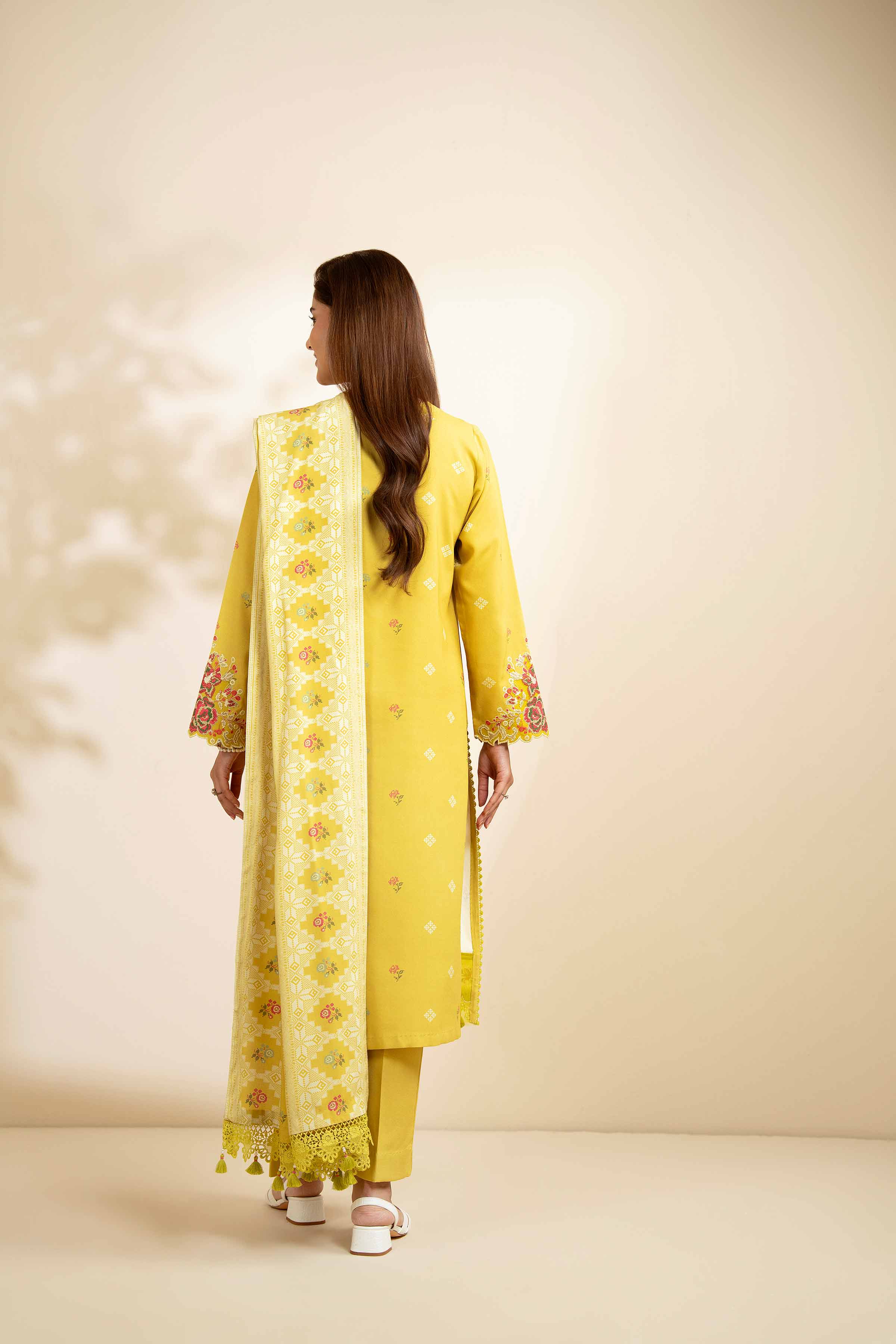 NISHATUAE - Yellow Embroidered Linen 3-piece Unstitched Suit