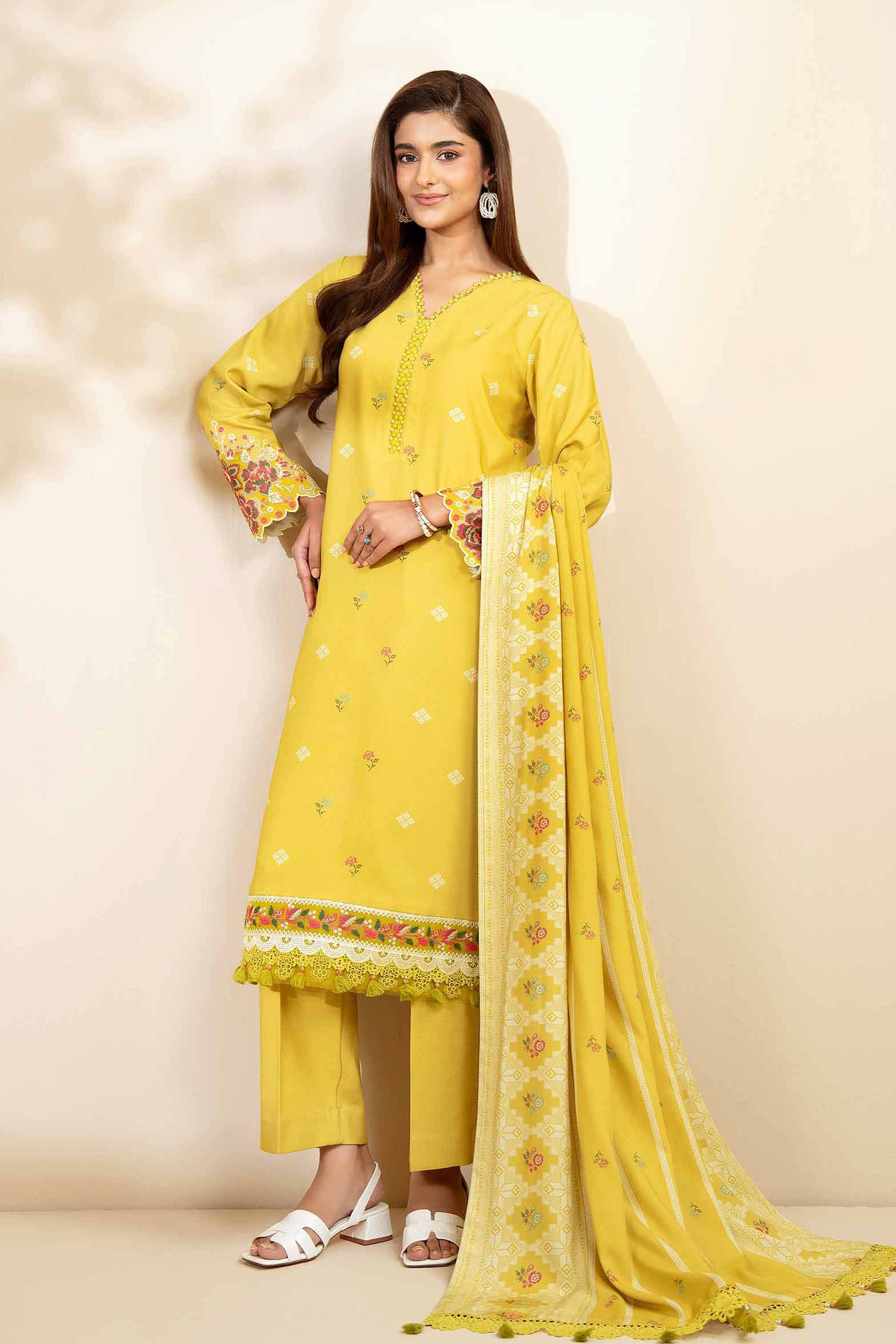 NISHATUAE - Yellow Embroidered Linen 3-piece Unstitched Suit