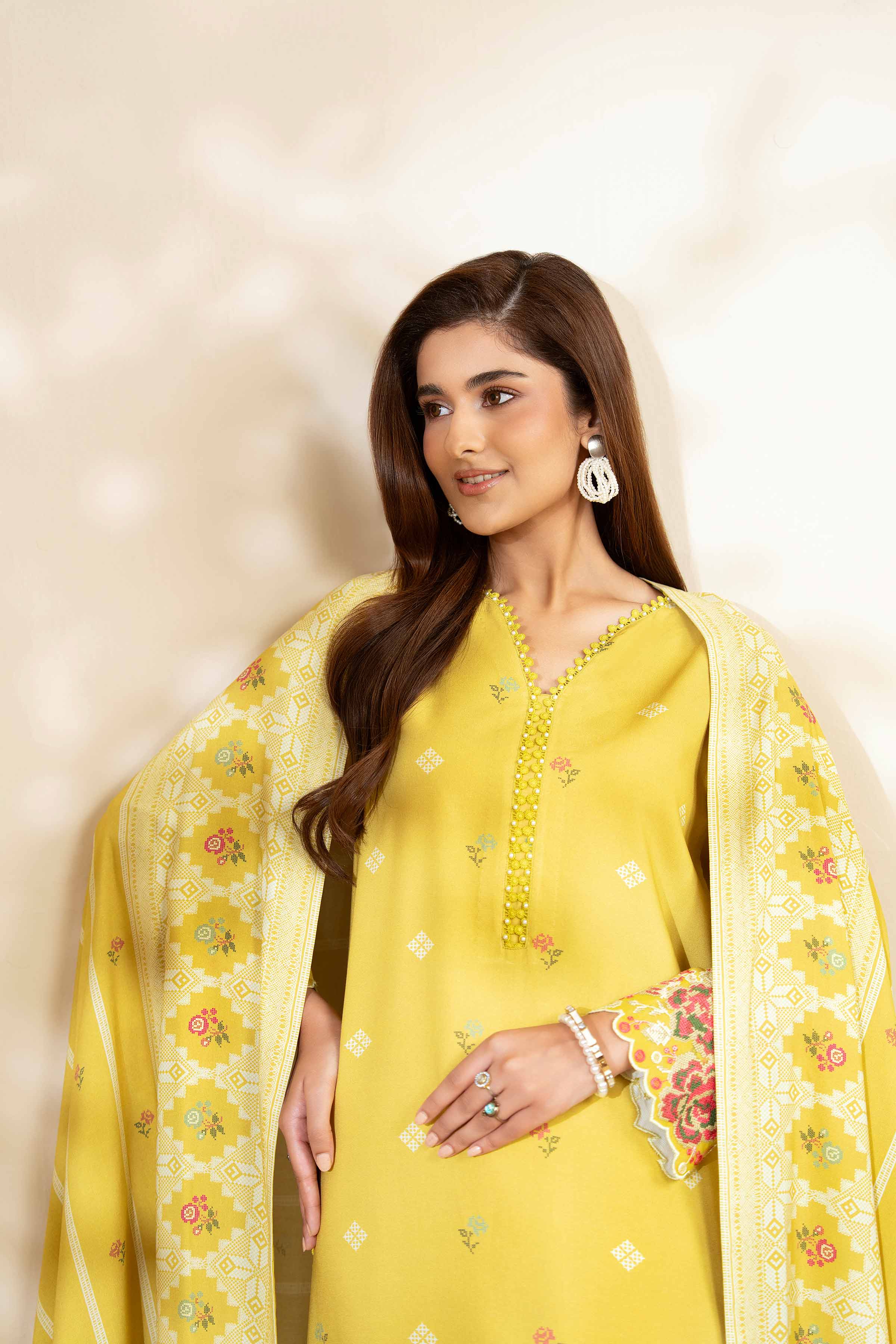NISHATUAE - Yellow Embroidered Linen 3-piece Unstitched Suit