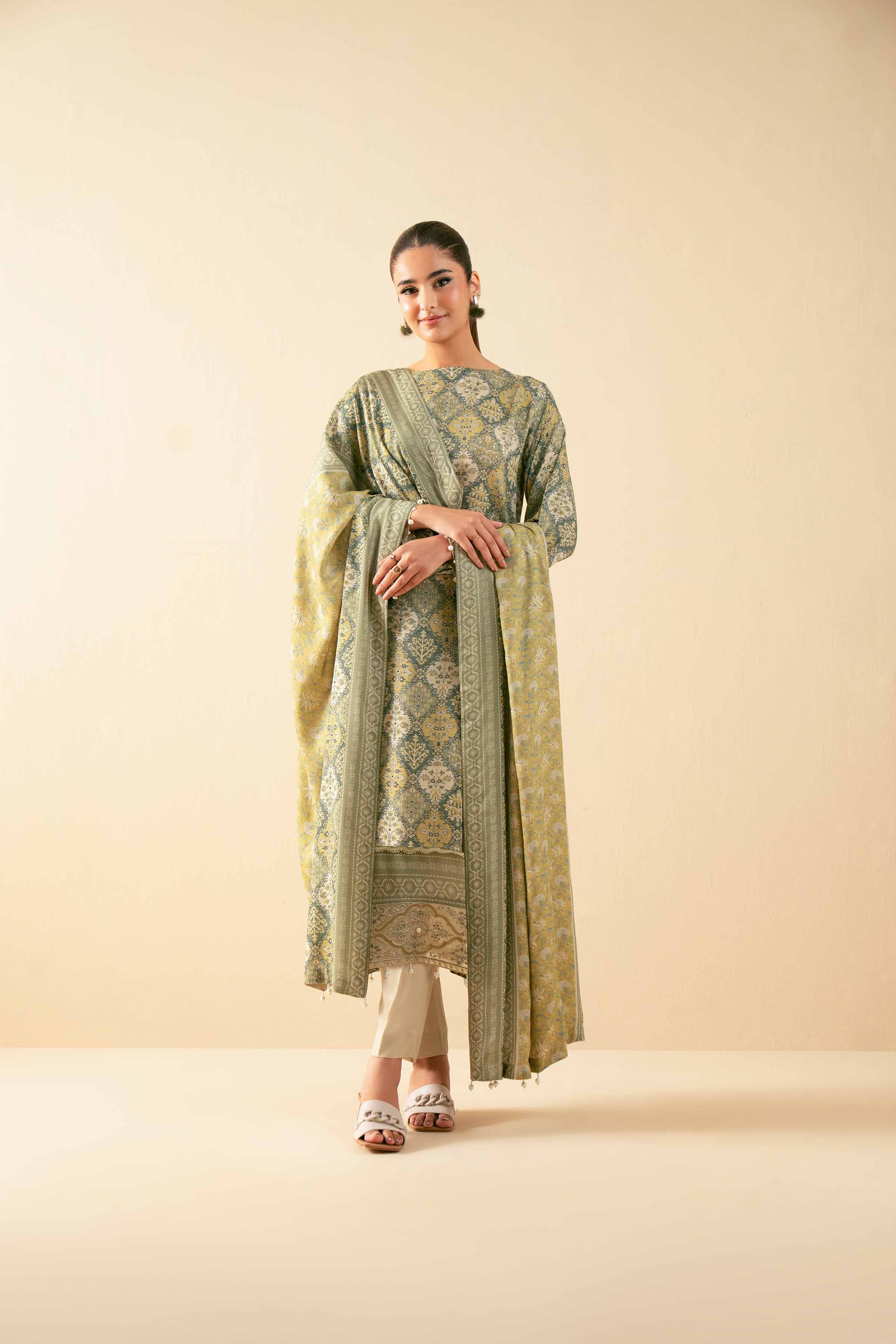 NISHATUAE - Olive Embroidered Linen 3-piece Unstitched Suit