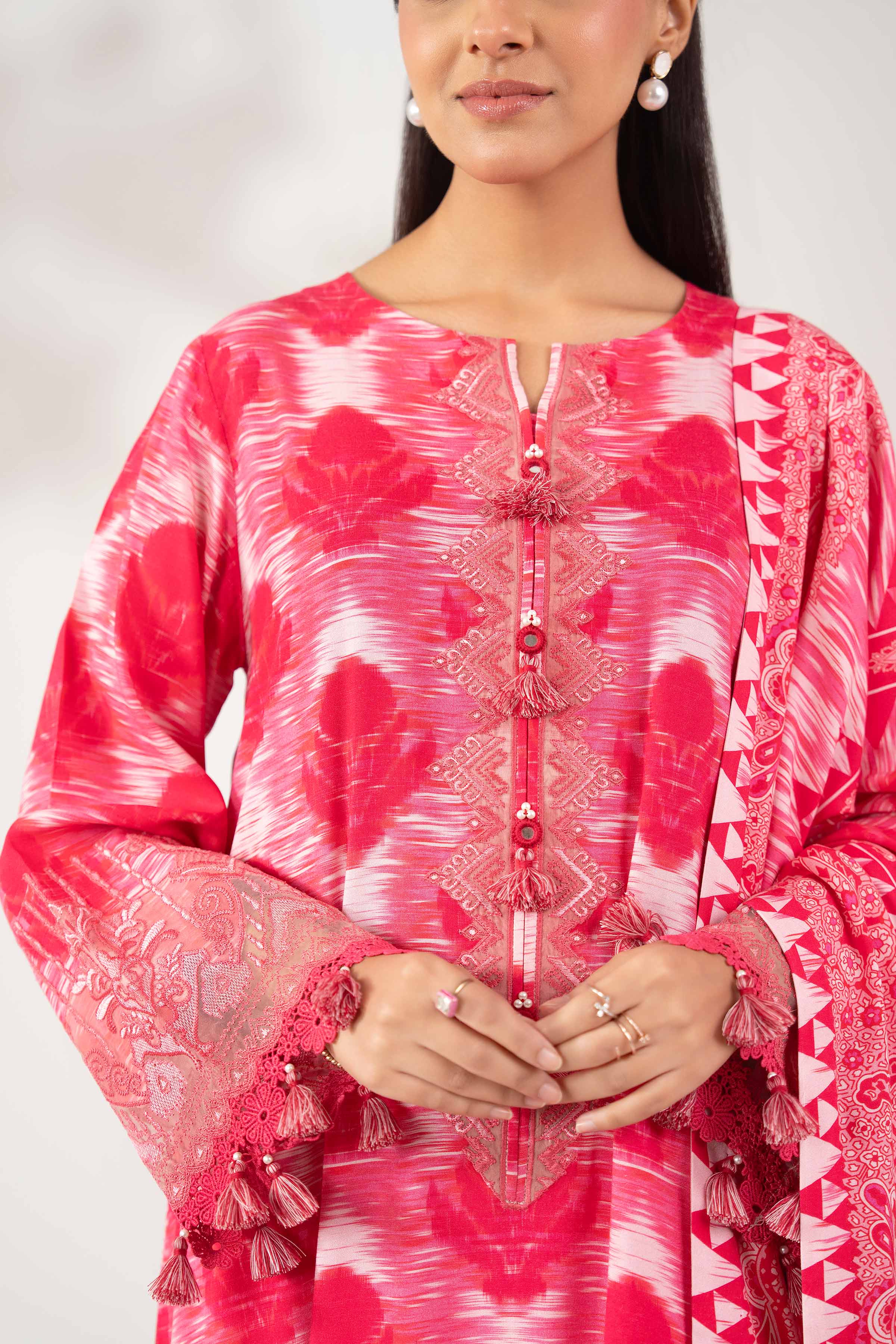 NISHATUAE - Pink Embroidered Linen 3-piece Unstitched Suit