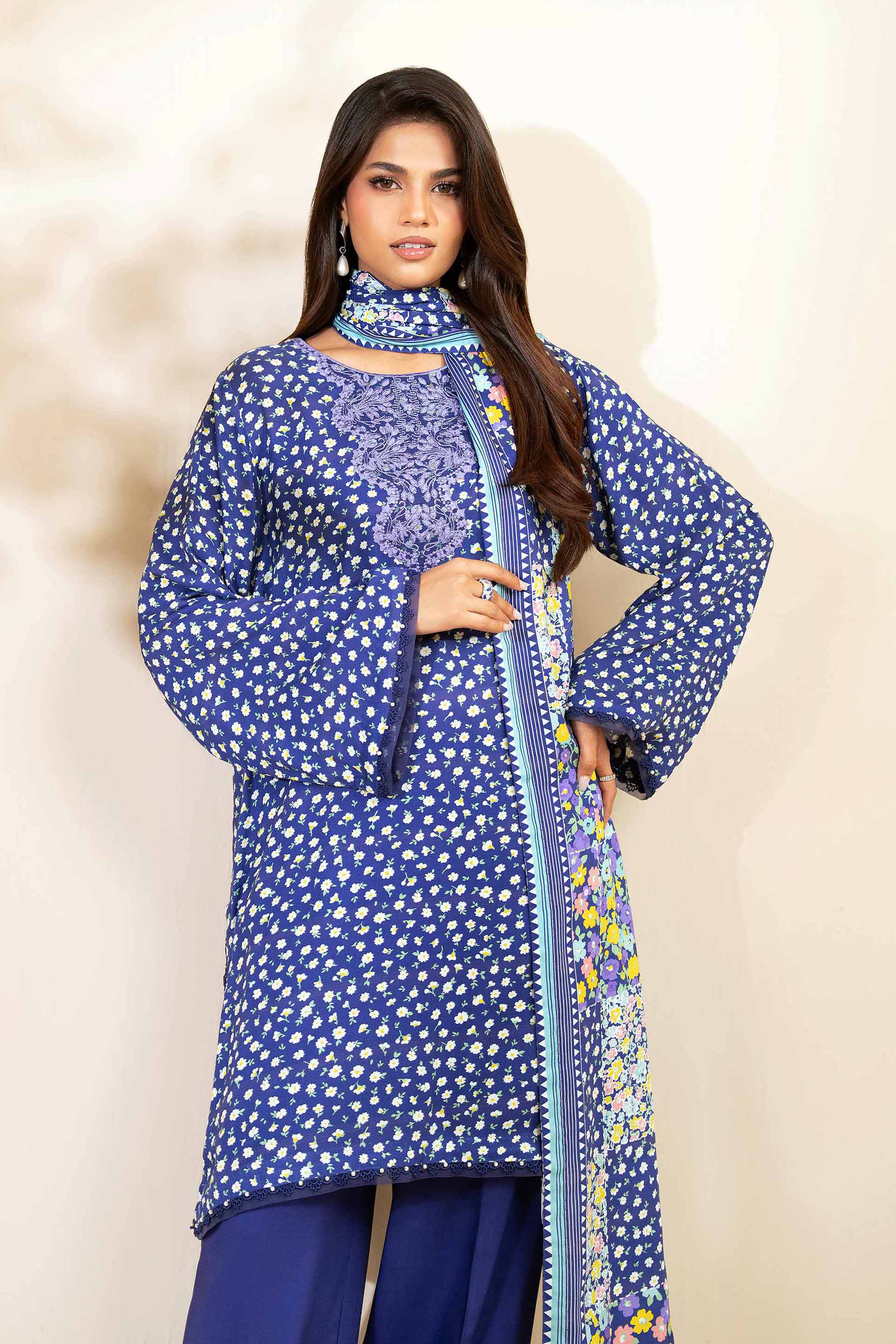 NISHATUAE - Blue Embroidered Linen 3-piece Unstitched Suit