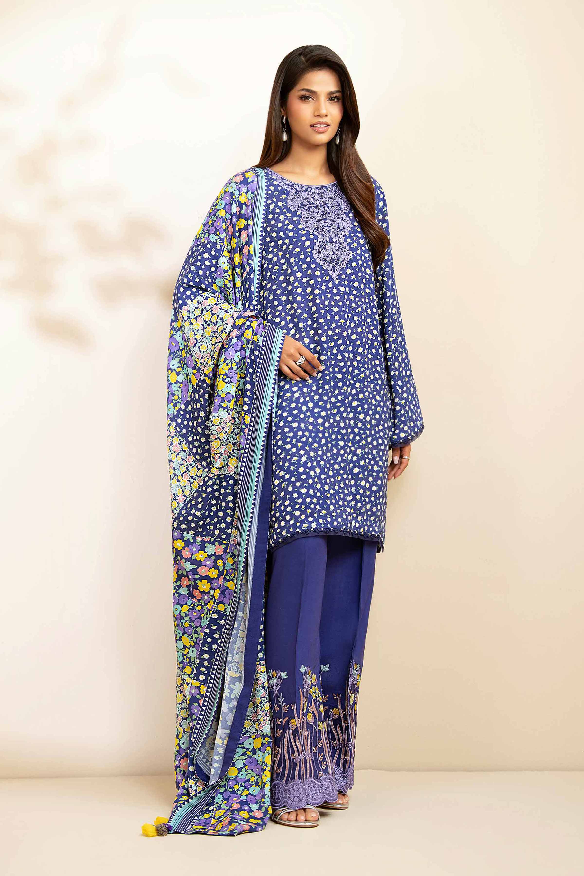 NISHATUAE - Blue Embroidered Linen 3-piece Unstitched Suit