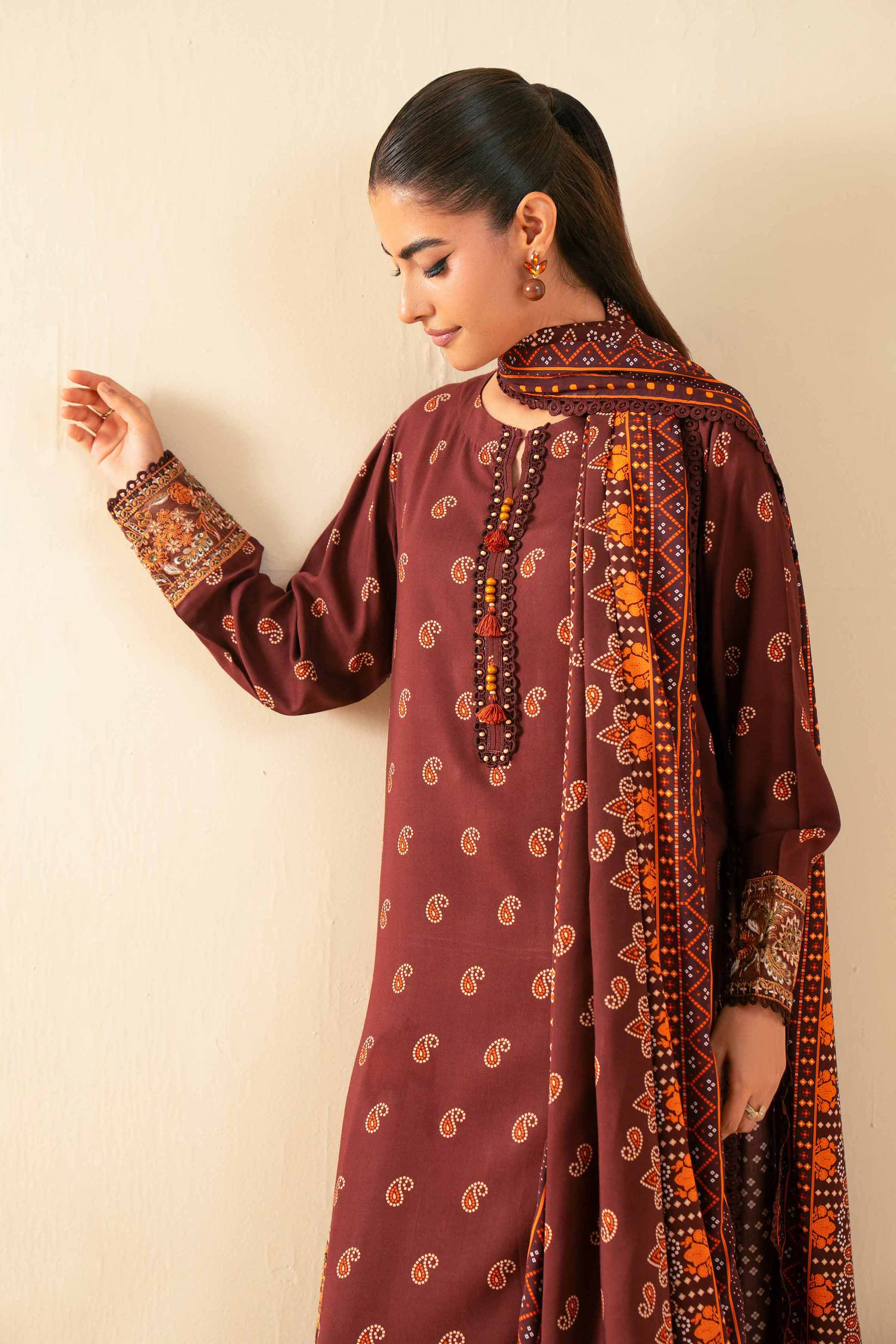 NISHATUAE - Brown Embroidered Linen 3-piece Unstitched Suit