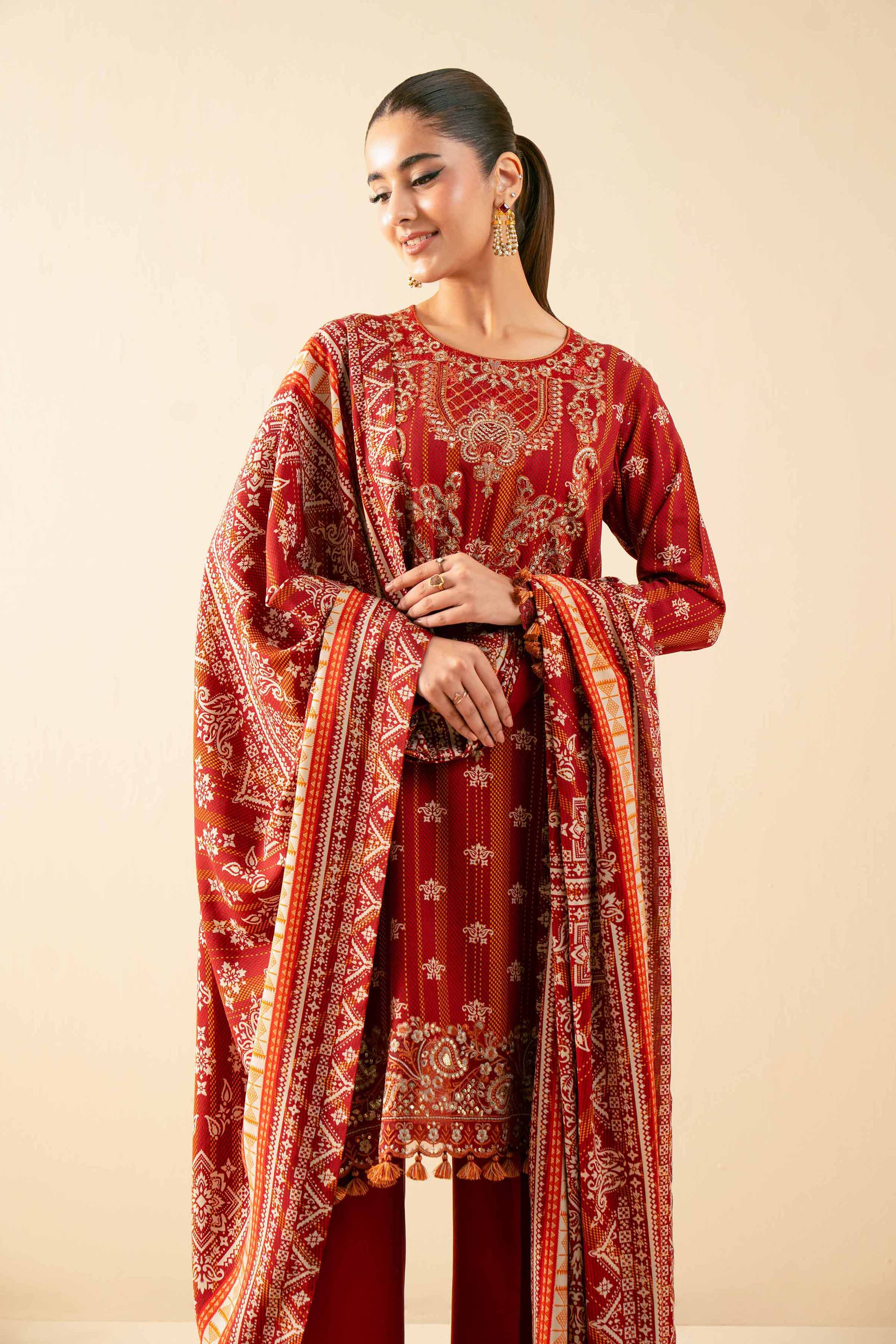 NISHATUAE - Rust Embroidered Linen 3-piece Unstitched Suit