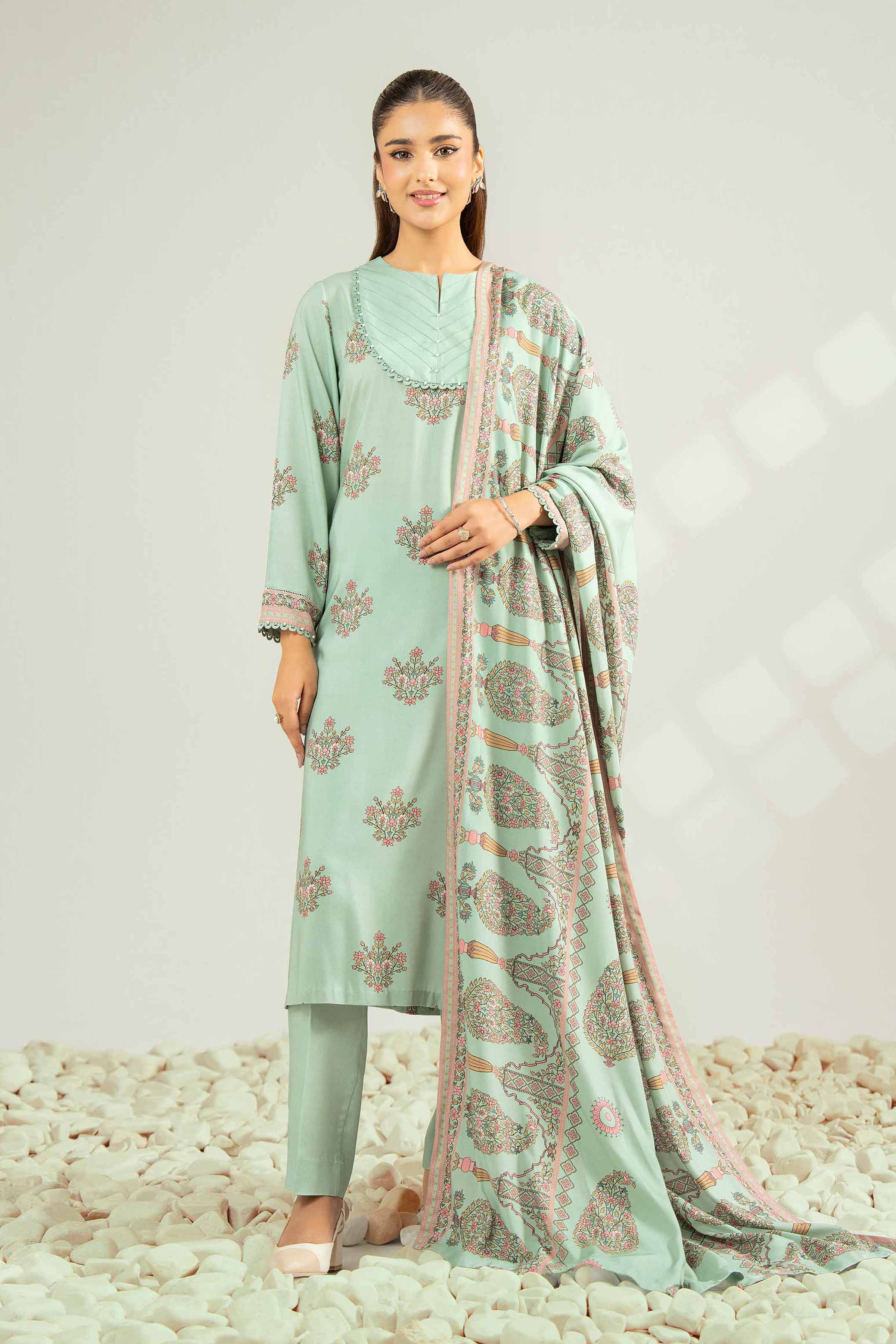 NISHATUAE - Green Printed Linen 3-piece Unstitched Suit