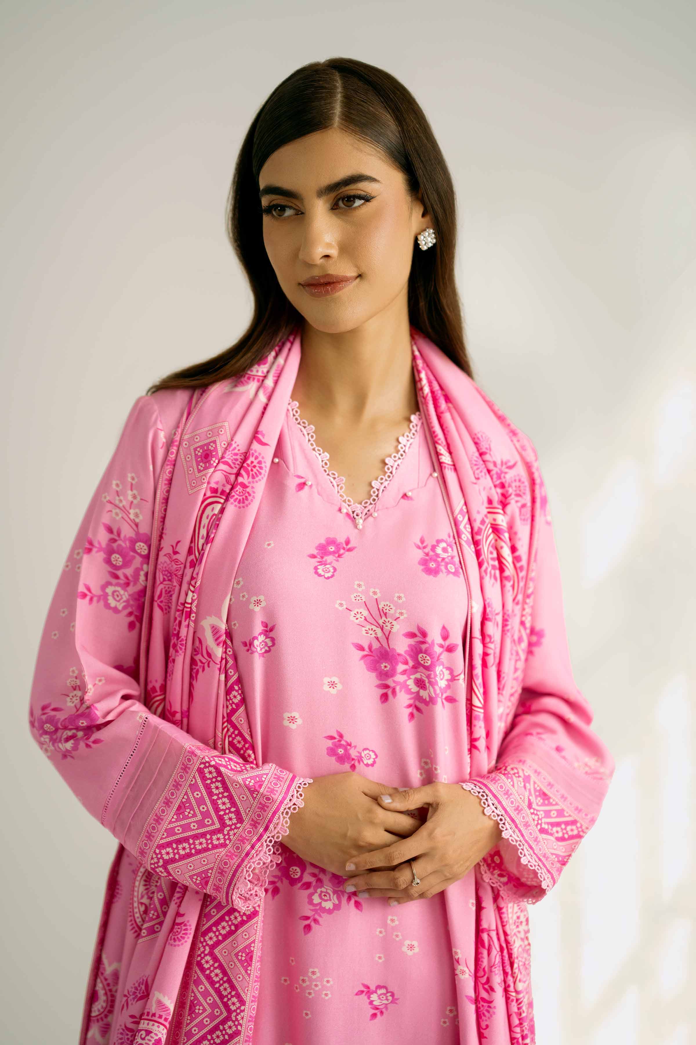 NISHATUAE - Pink Printed Linen 3-piece Unstitched Suit