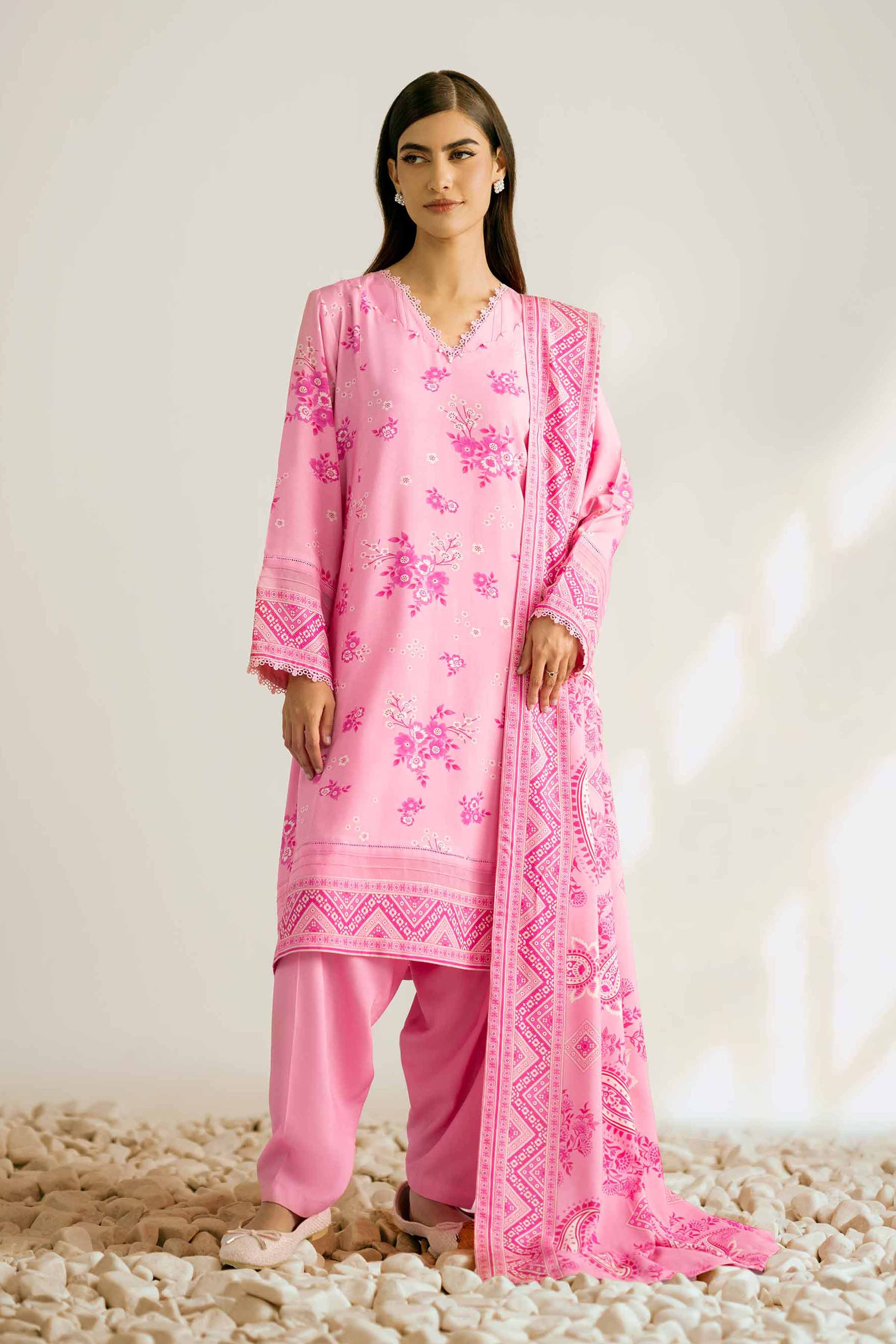 NISHATUAE - Pink Printed Linen 3-piece Unstitched Suit
