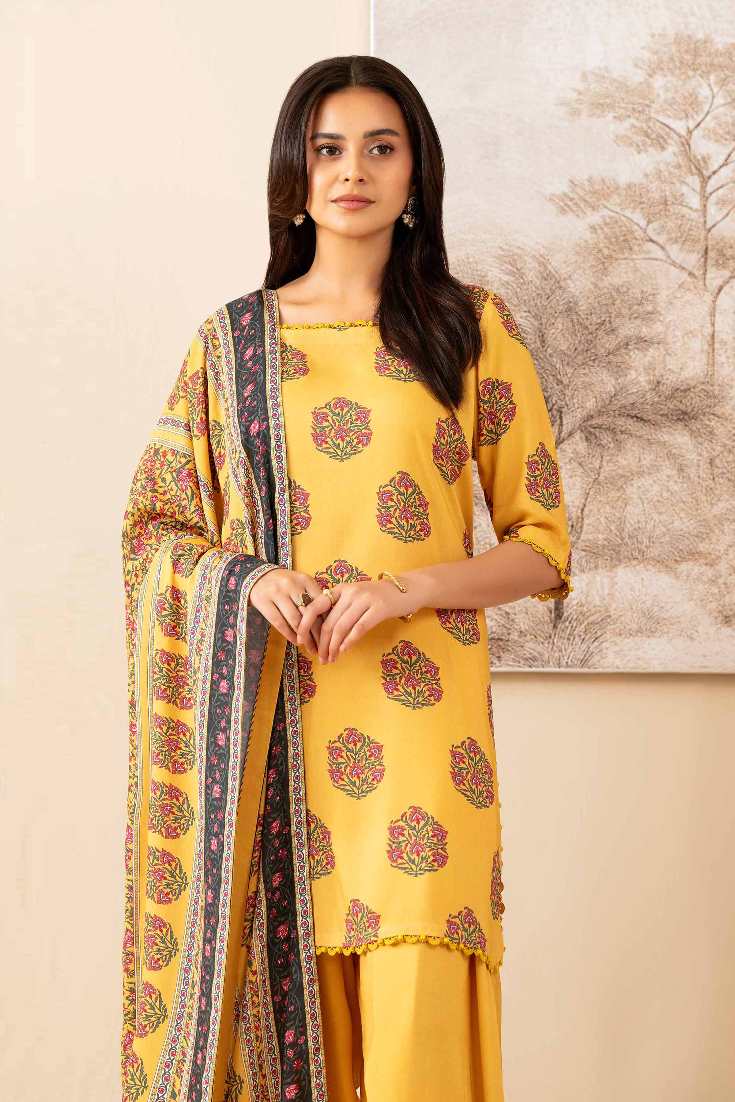 NISHATUAE - Yellow Printed Linen 3-piece Unstitched Suit