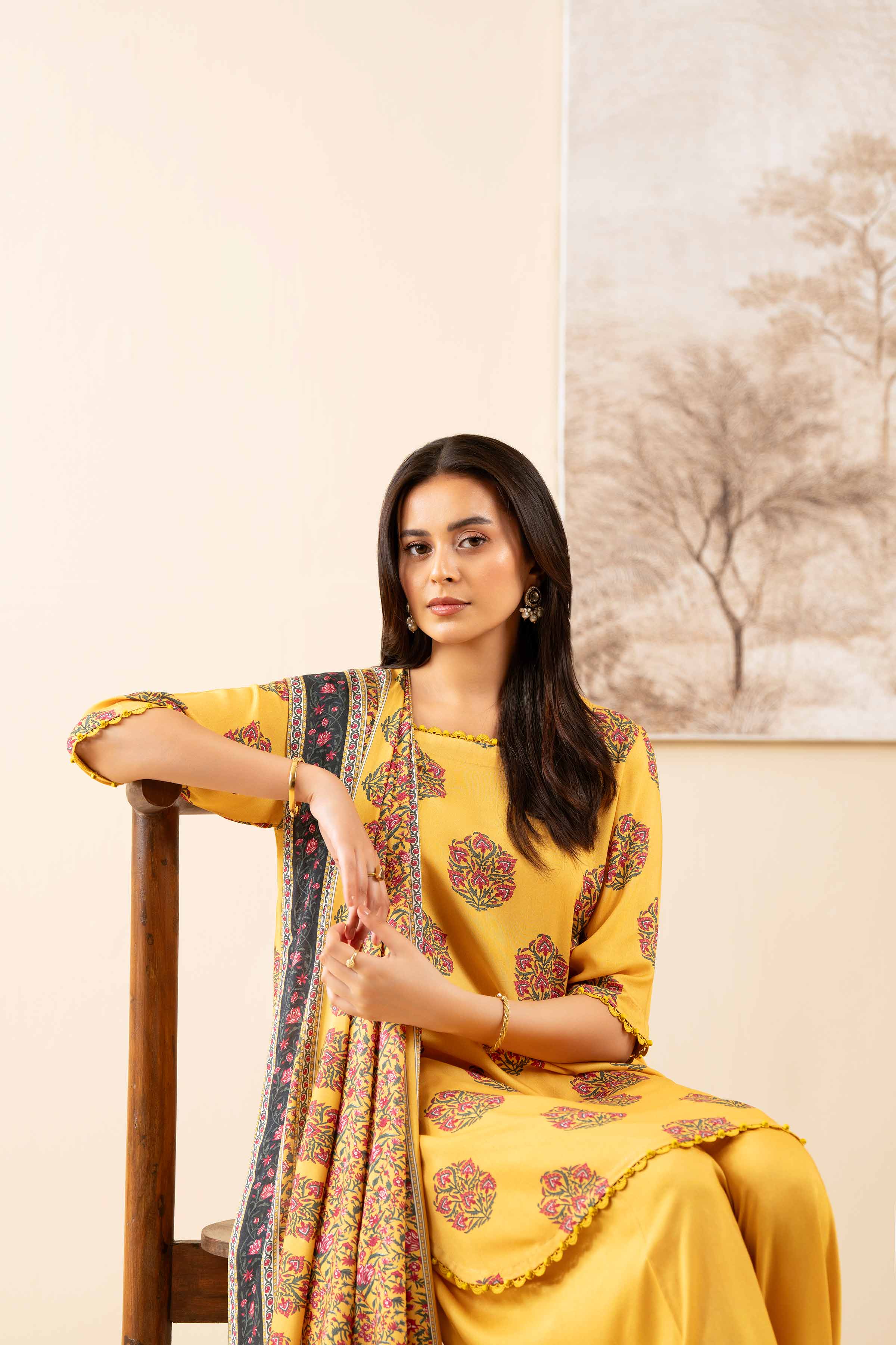NISHATUAE - Yellow Printed Linen 3-piece Unstitched Suit