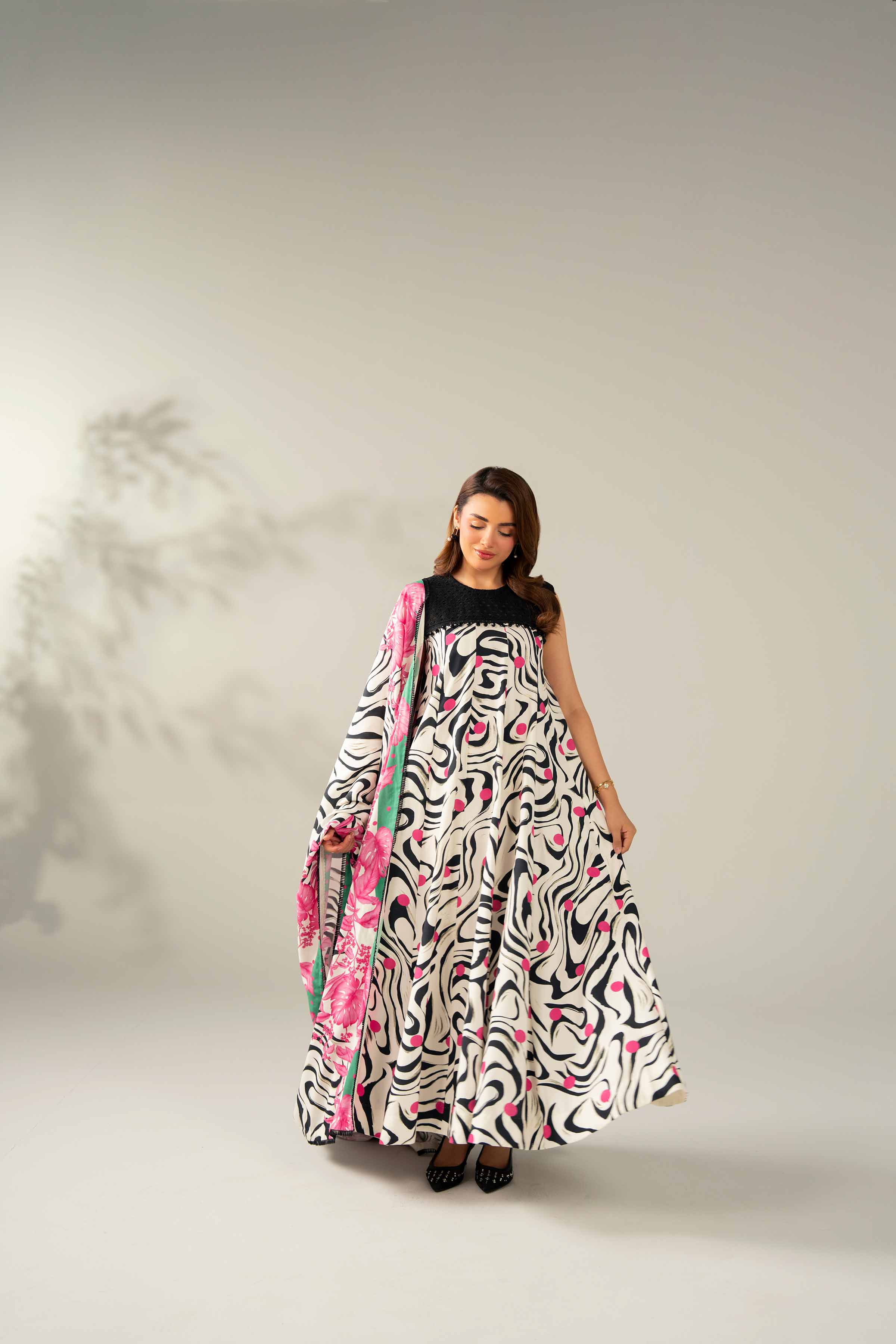 NISHATUAE - Black & Off white Printed Linen 3-piece Unstitched Suit