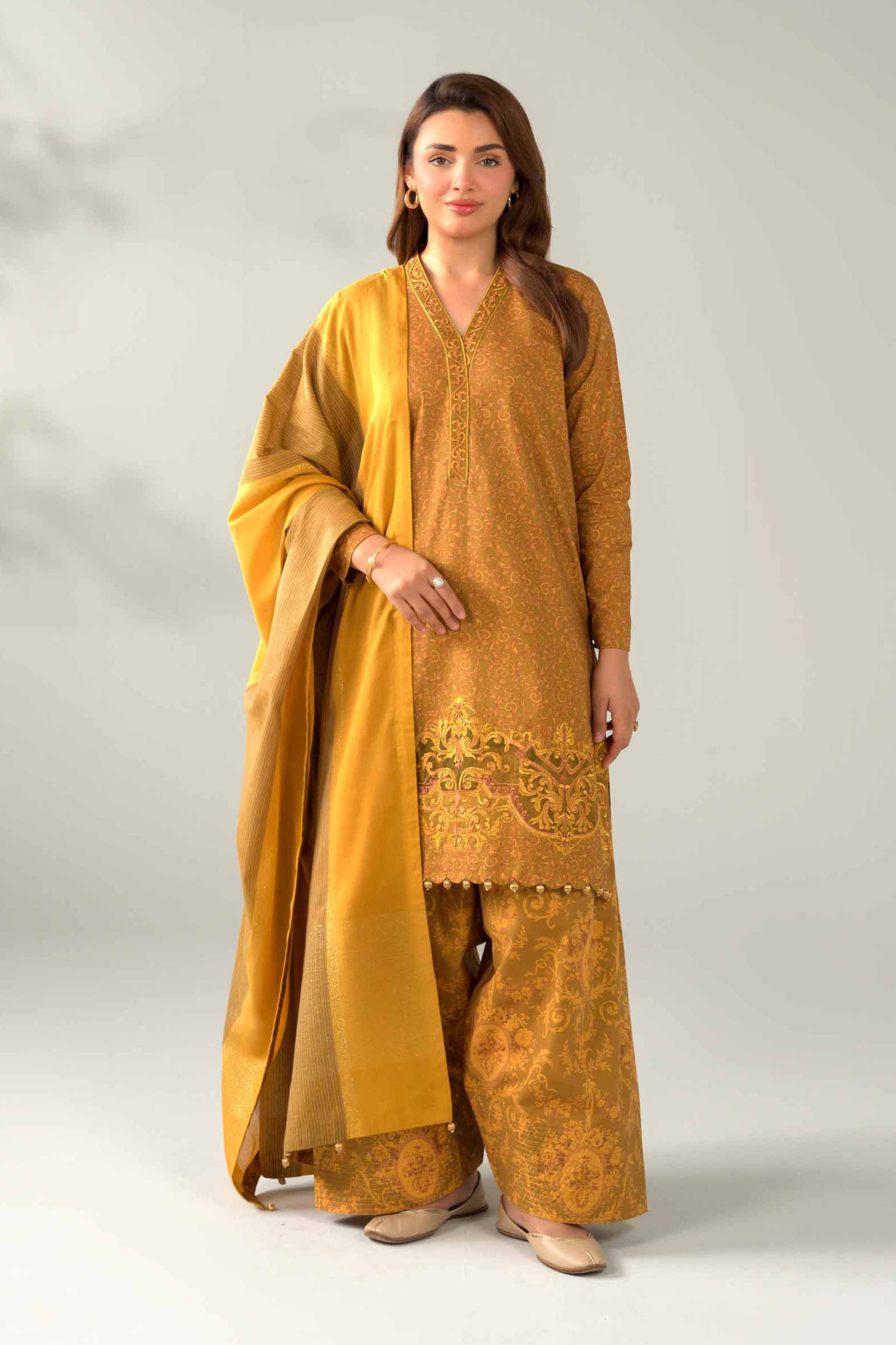 NISHATUAE - Mustard Embroidered Cotton 3-piece Unstitched Suit