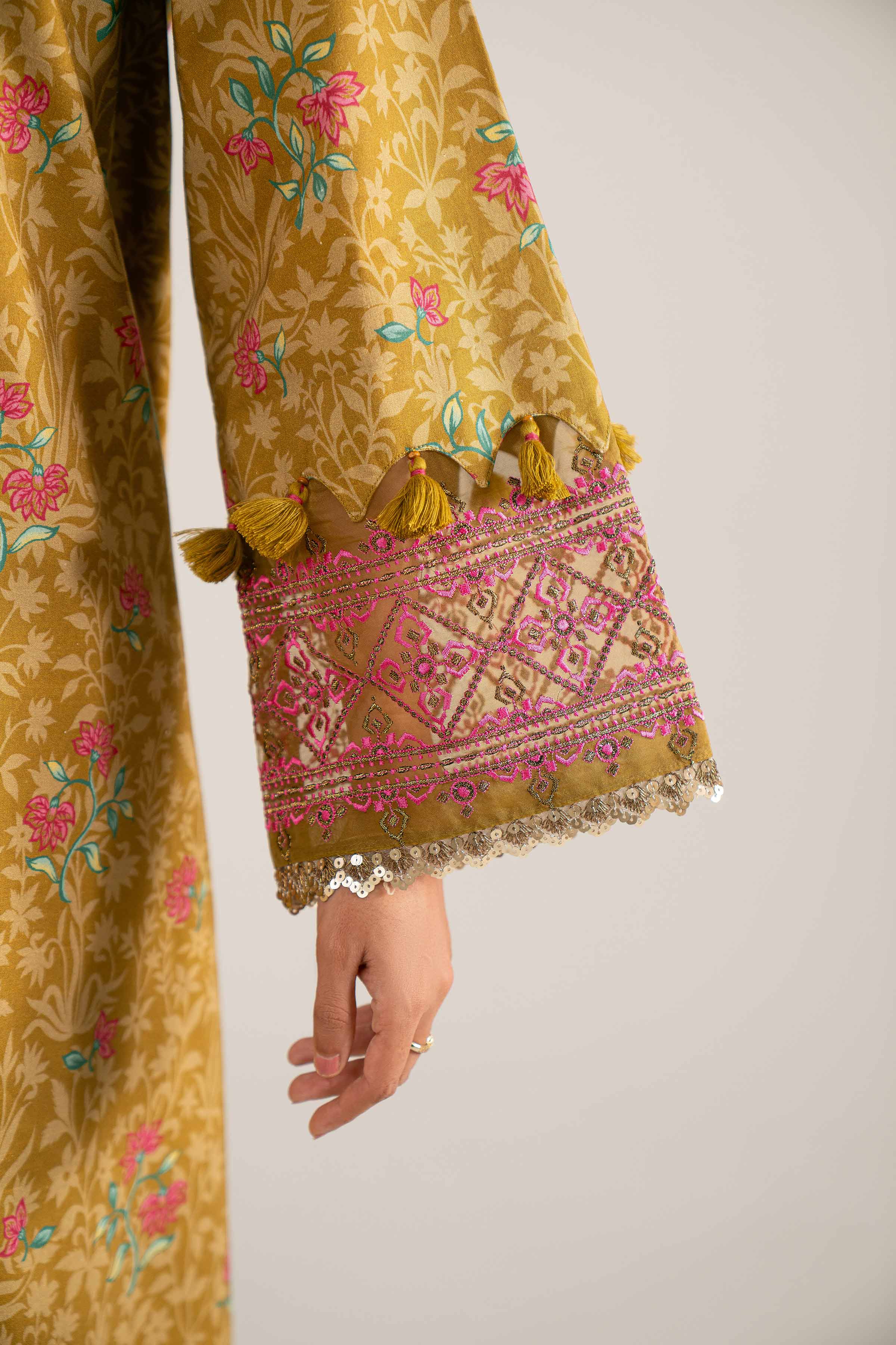 NISHATUAE - Ochre Embroidered Cotton 3-piece Unstitched Suit