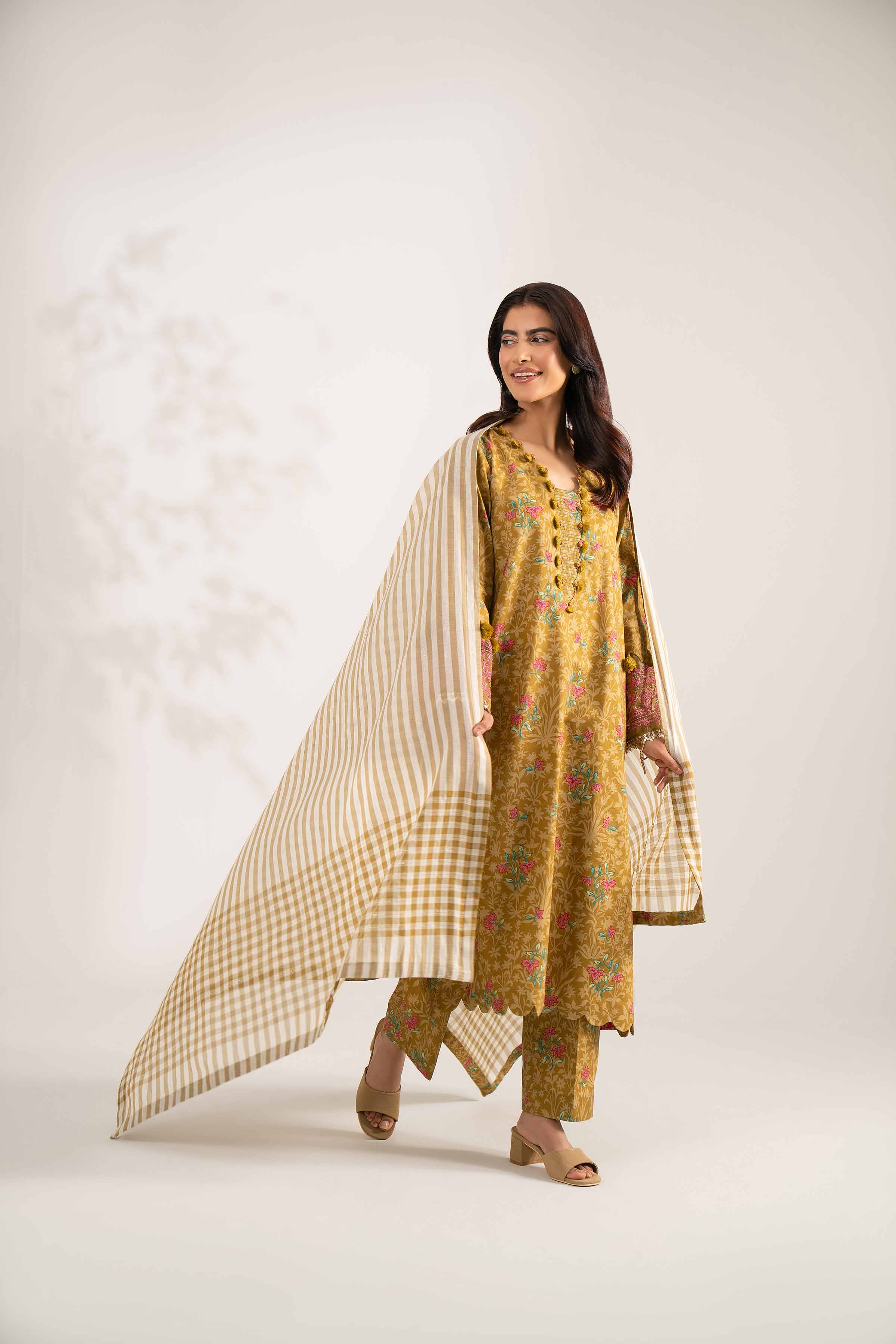 NISHATUAE - Ochre Embroidered Cotton 3-piece Unstitched Suit