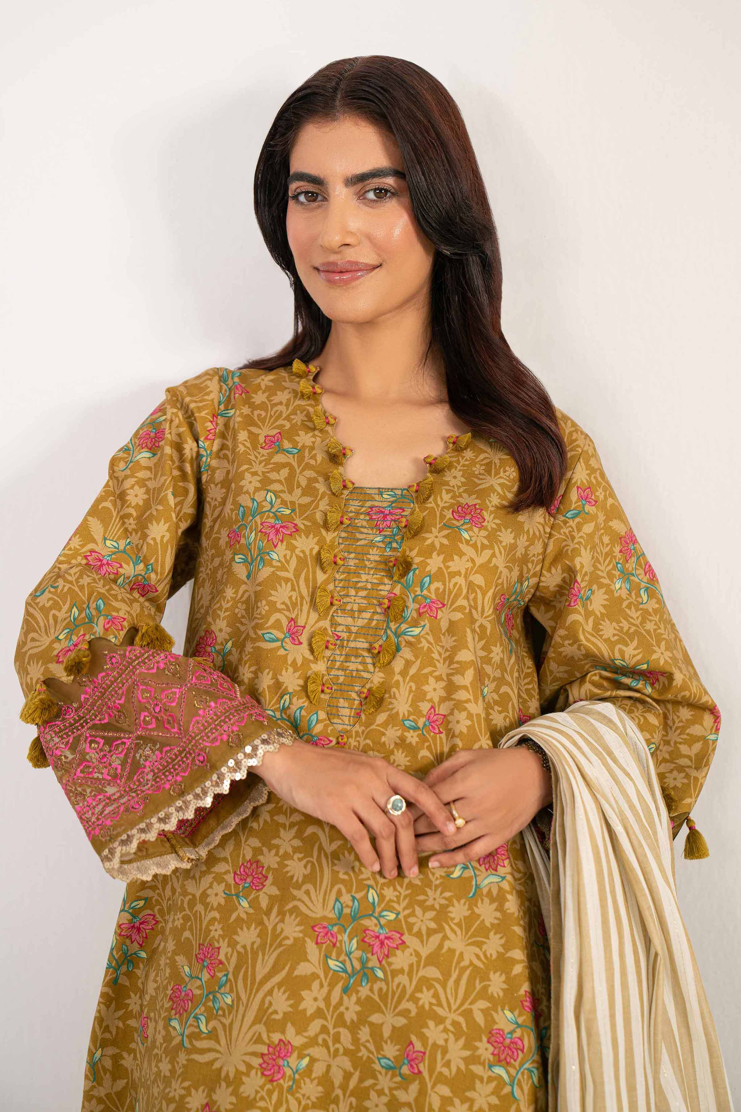 NISHATUAE - Ochre Embroidered Cotton 3-piece Unstitched Suit