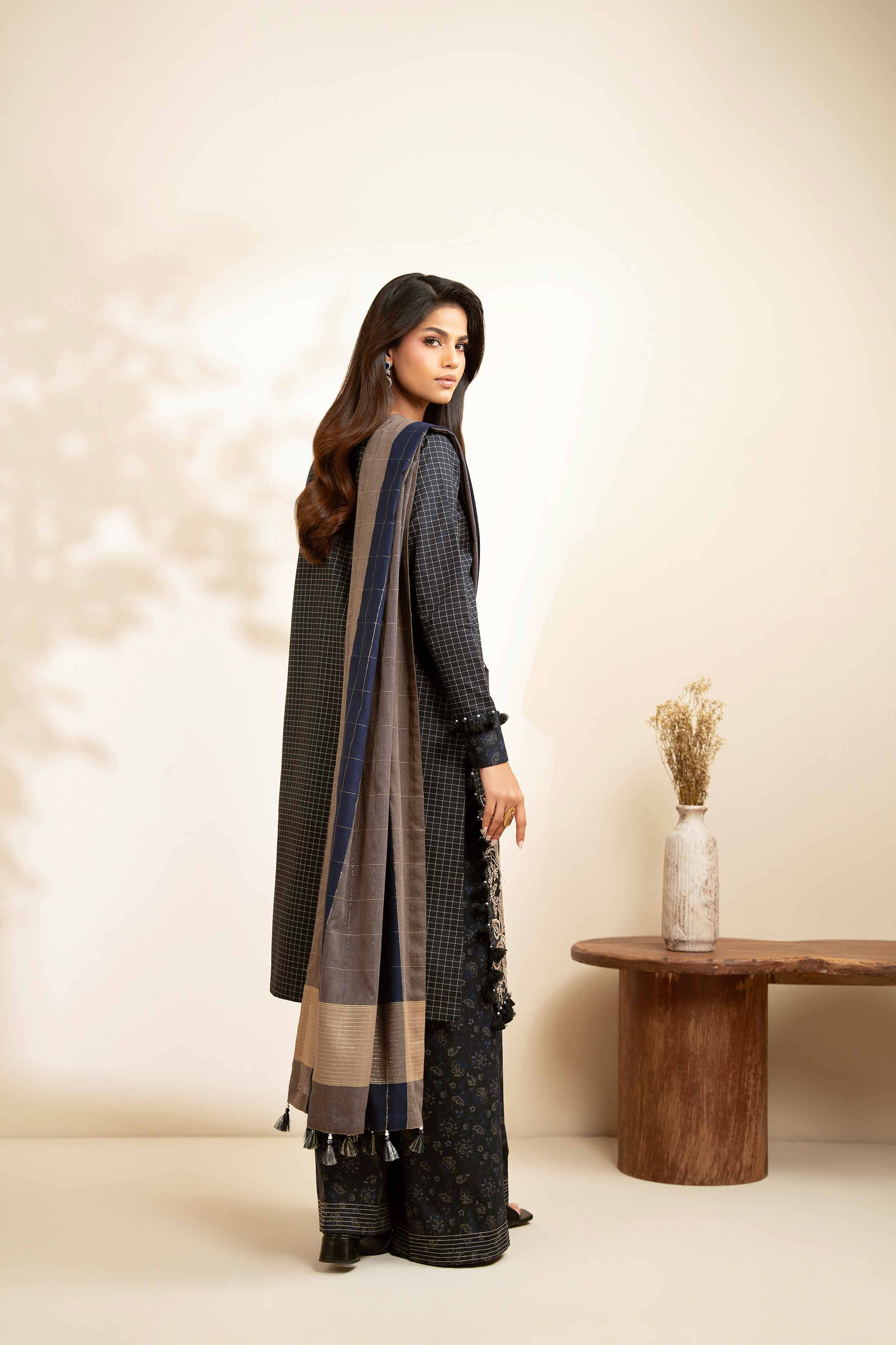 NISHATUAE - Black Embroidered Cambric 3-piece Unstitched Suit