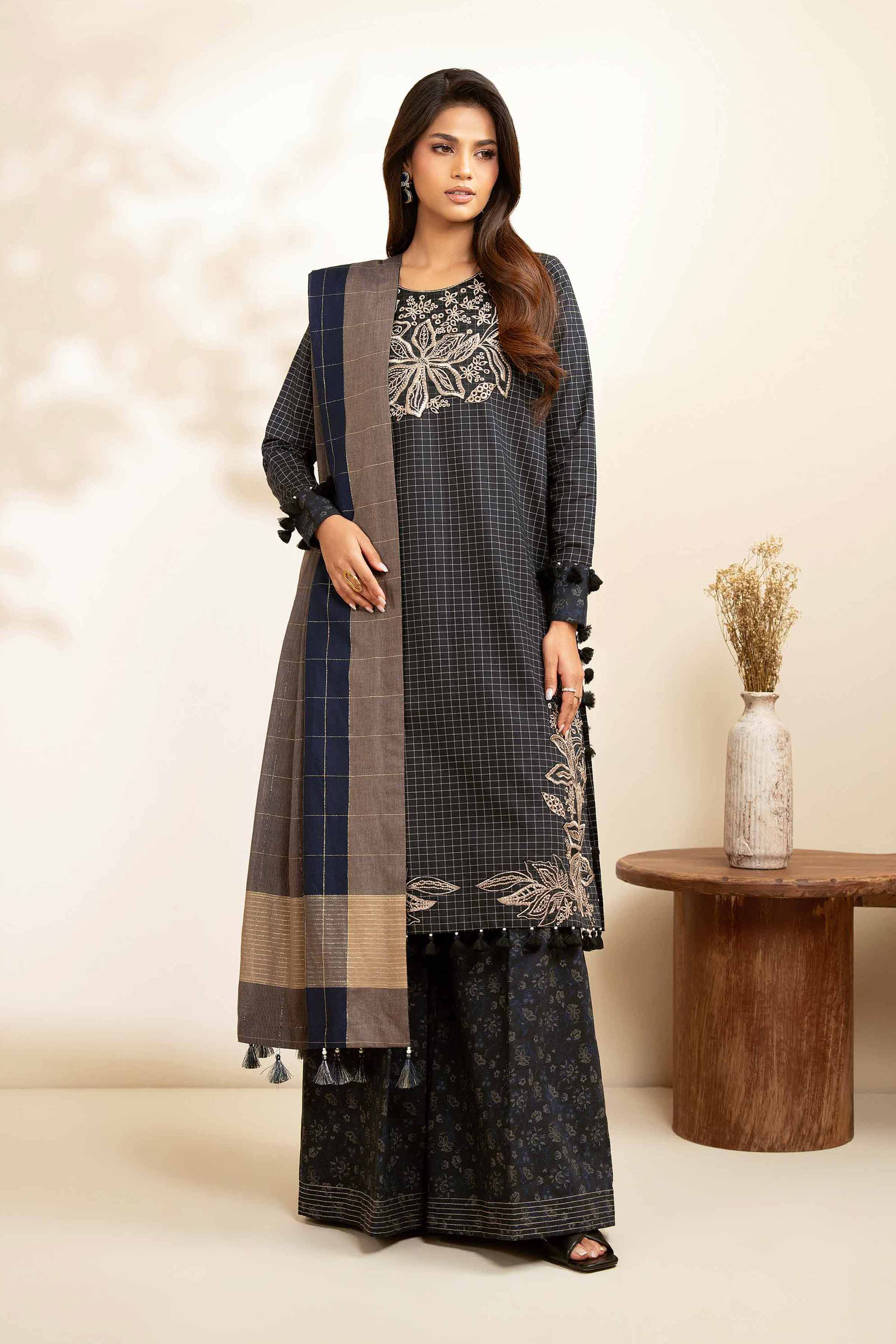NISHATUAE - Black Embroidered Cambric 3-piece Unstitched Suit