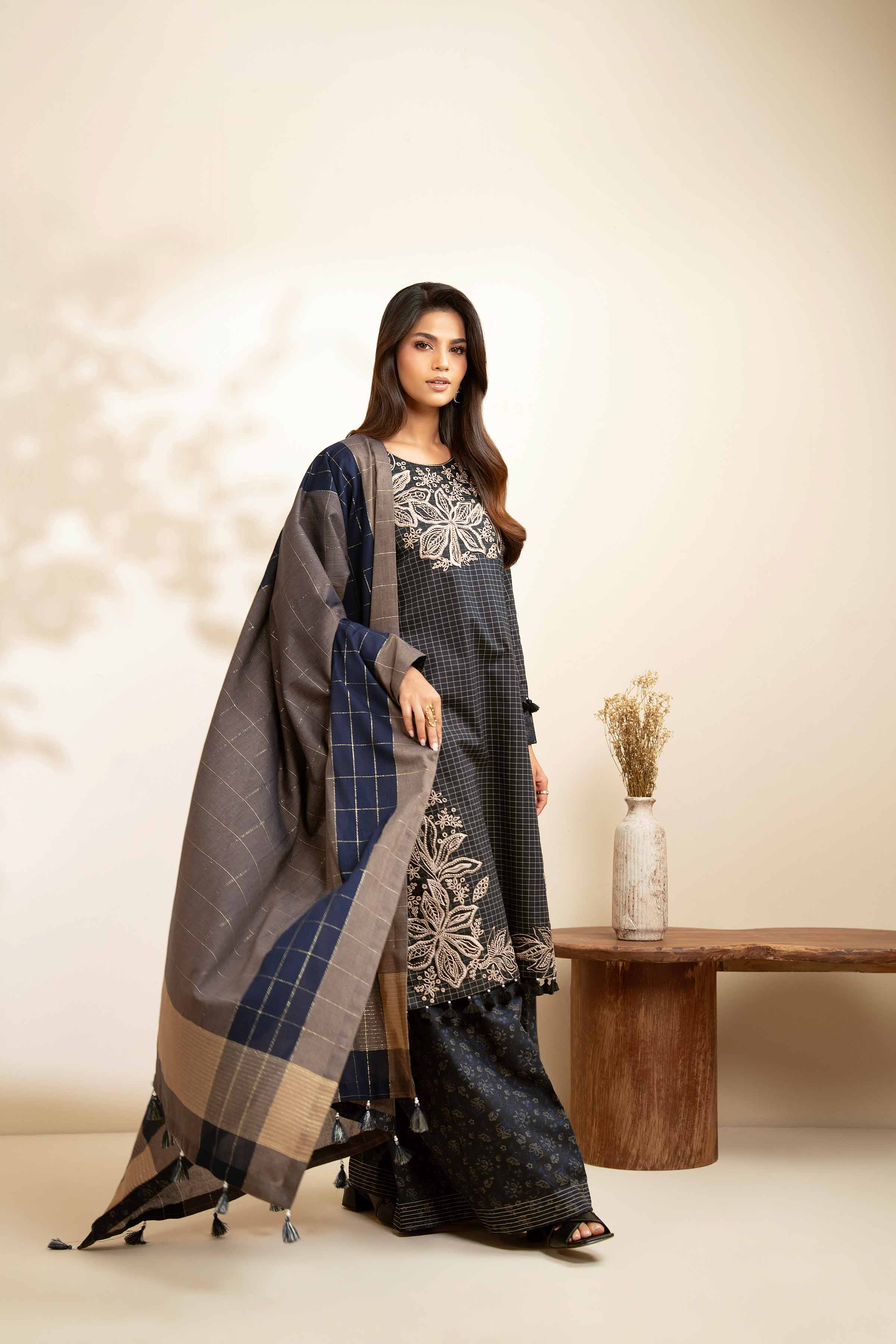 NISHATUAE - Black Embroidered Cambric 3-piece Unstitched Suit