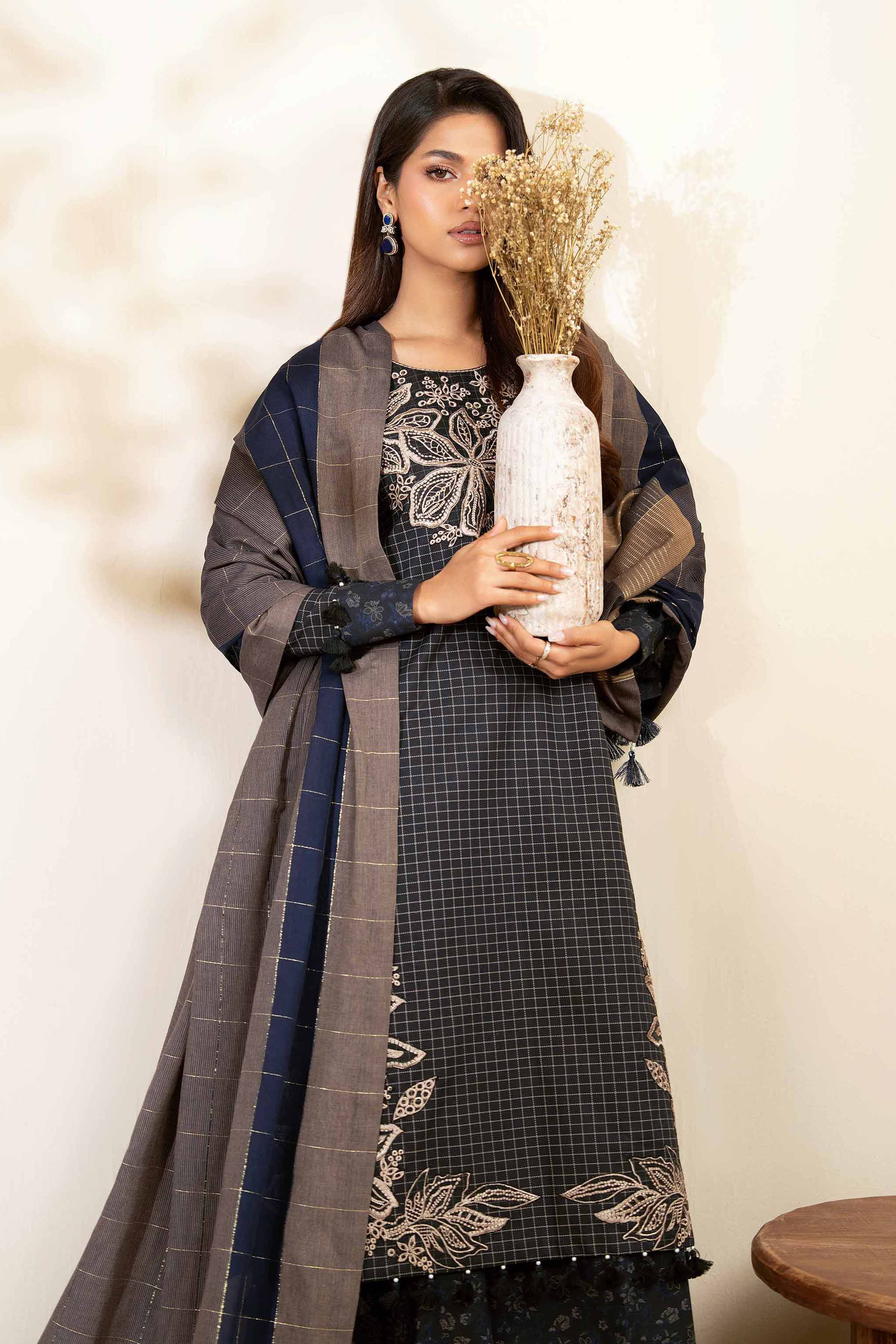 NISHATUAE - Black Embroidered Cambric 3-piece Unstitched Suit