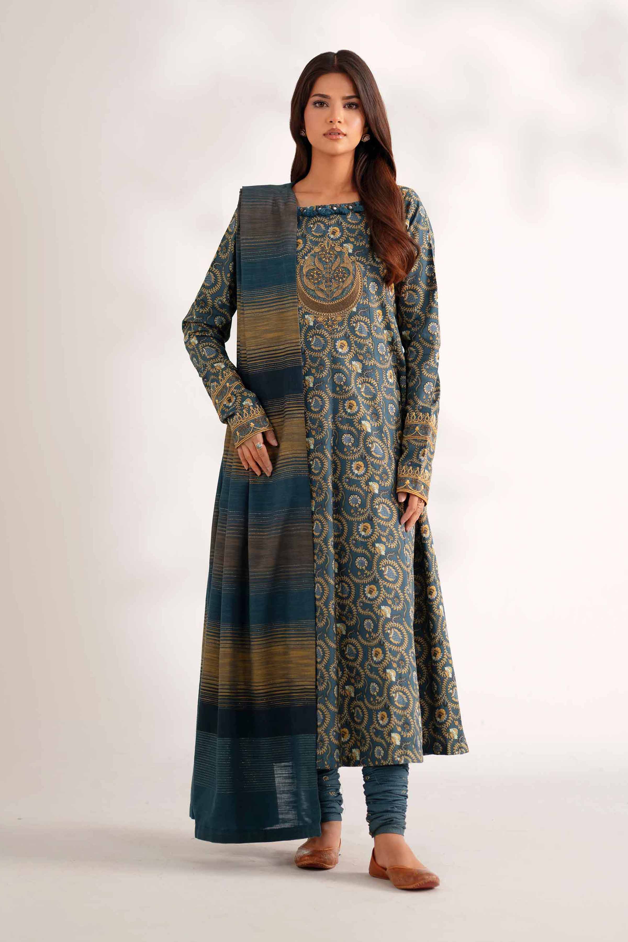 NISHATUAE - Blue Embroidered Cotton 3-piece Unstitched Suit