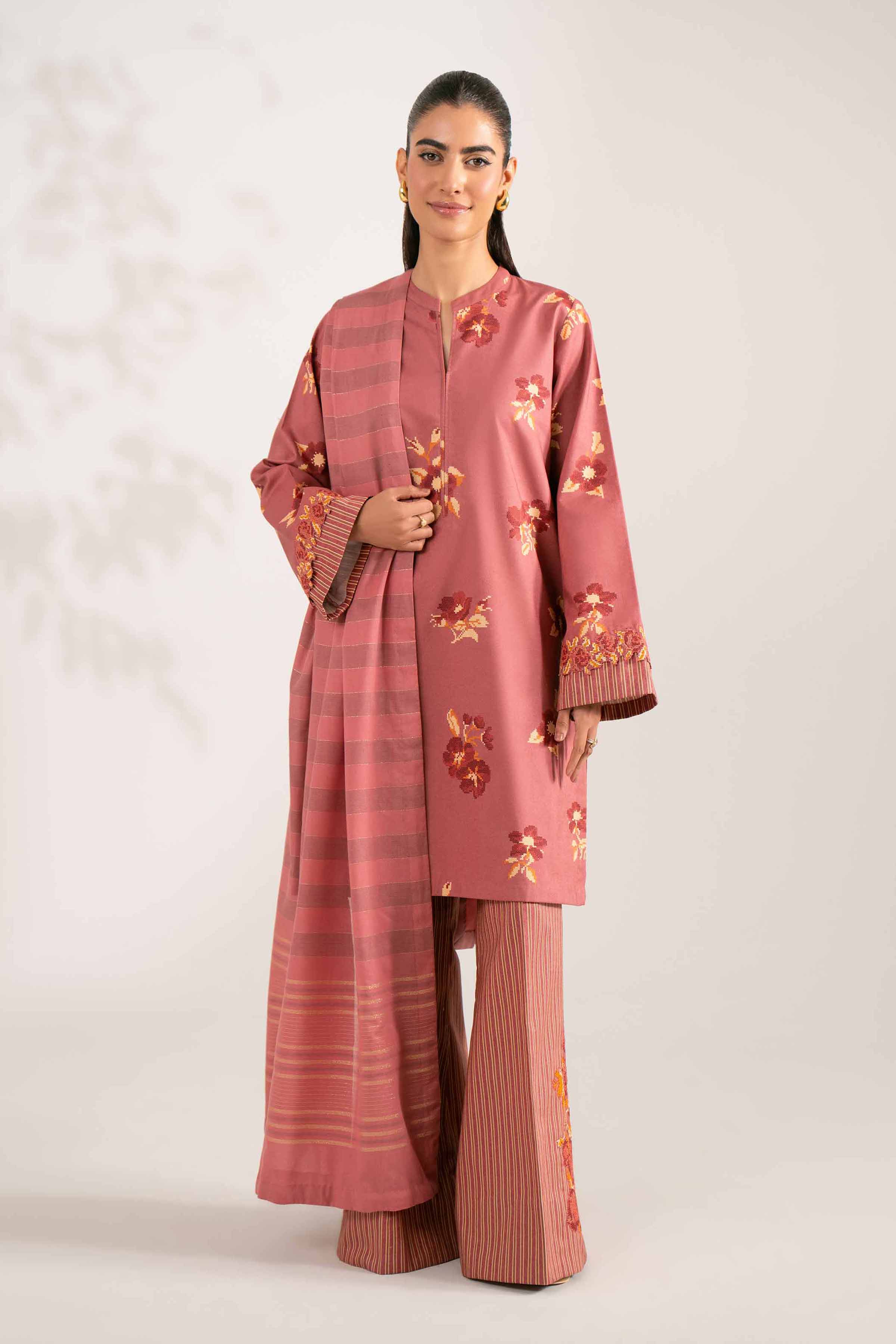 NISHATUAE - Coral Embroidered Cotton 3-piece Unstitched Suit