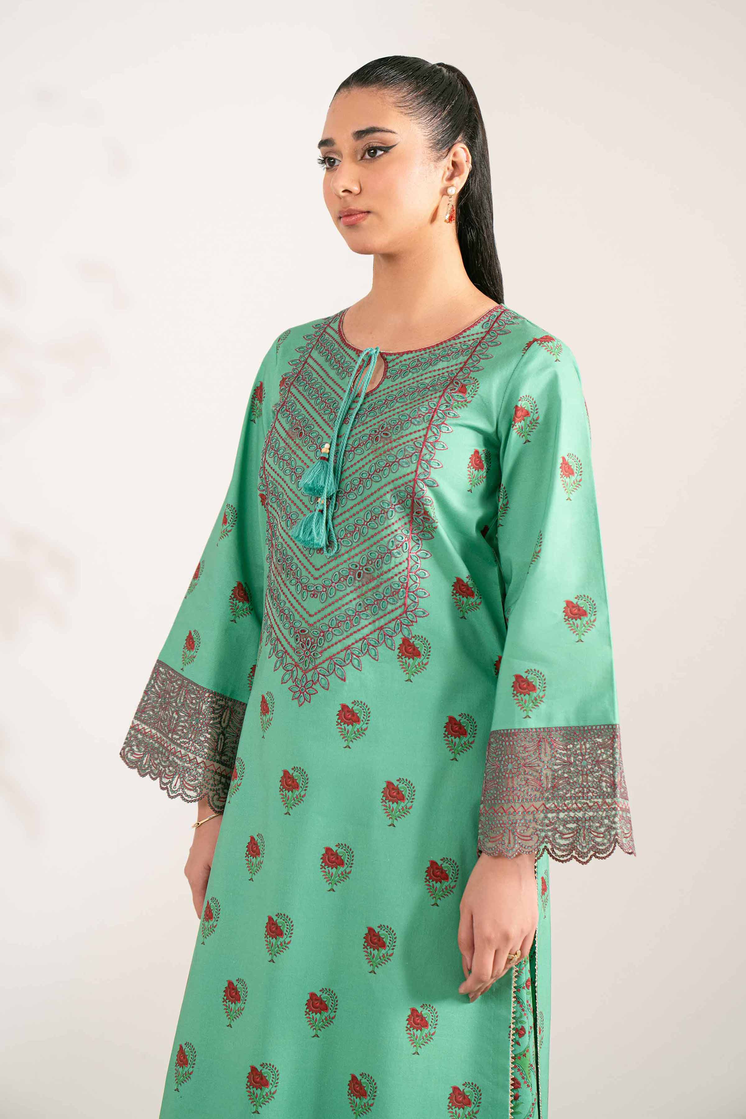 NISHATUAE - Green Embroidered Cotton 2-piece Unstitched Dress
