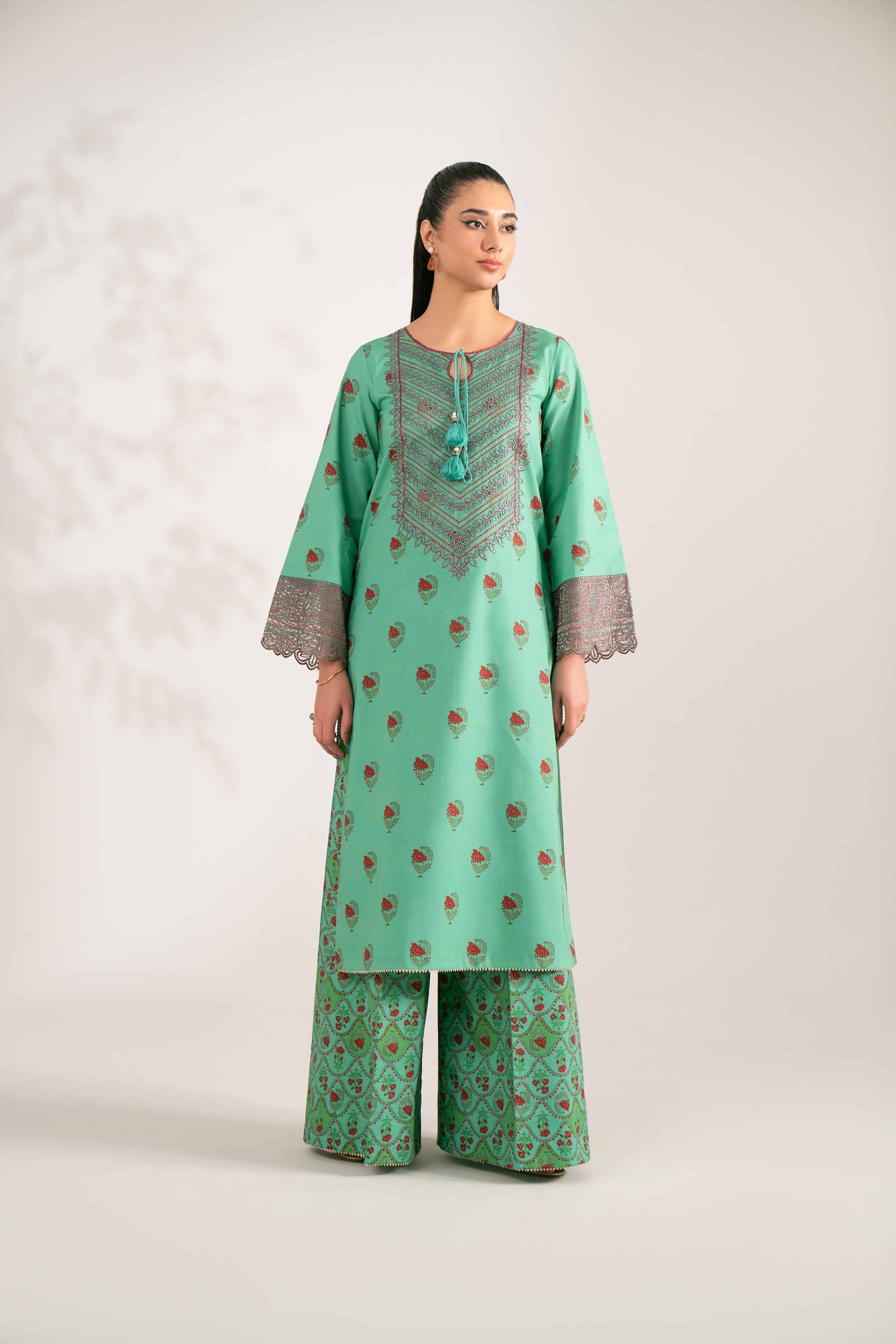 NISHATUAE - Green Embroidered Cotton 2-piece Unstitched Dress