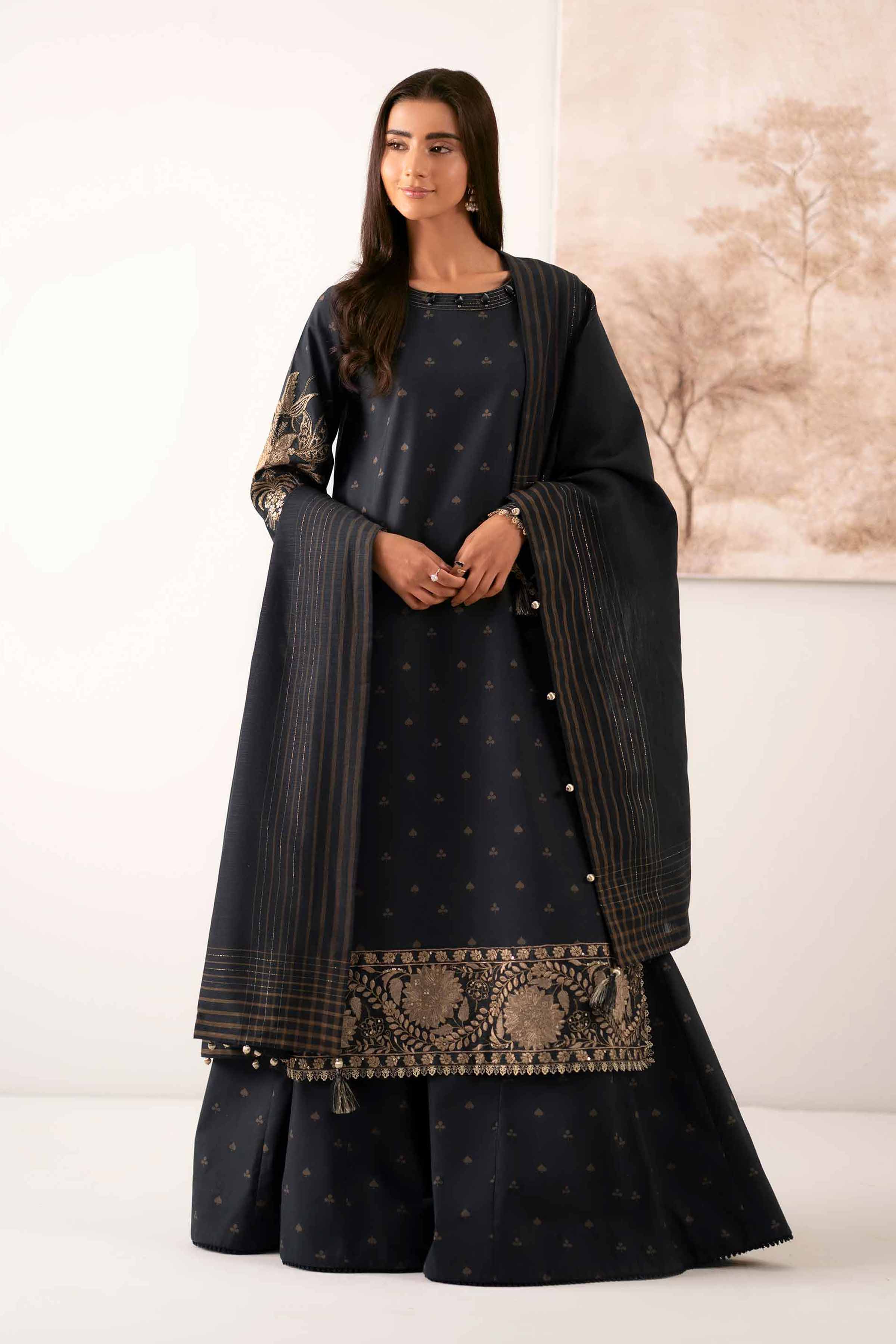 NISHATUAE - Black Embroidered Cambric 3-piece Unstitched Suit