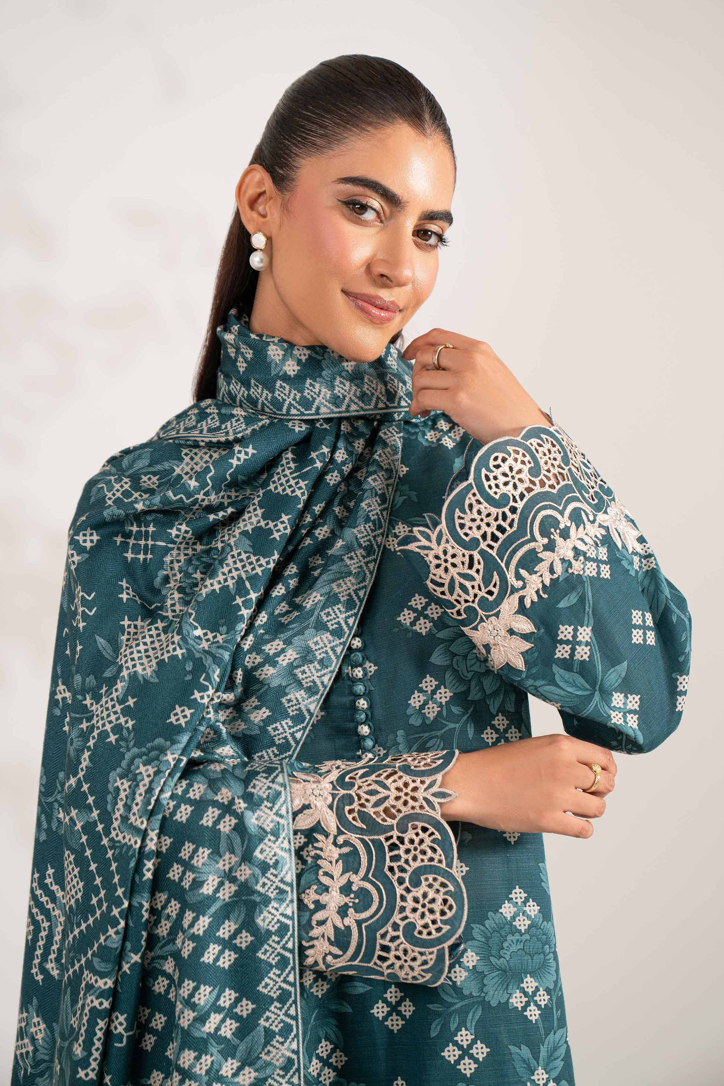 NISHATUAE - Teal Embroidered Khaddar 3-piece Unstitched Suit
