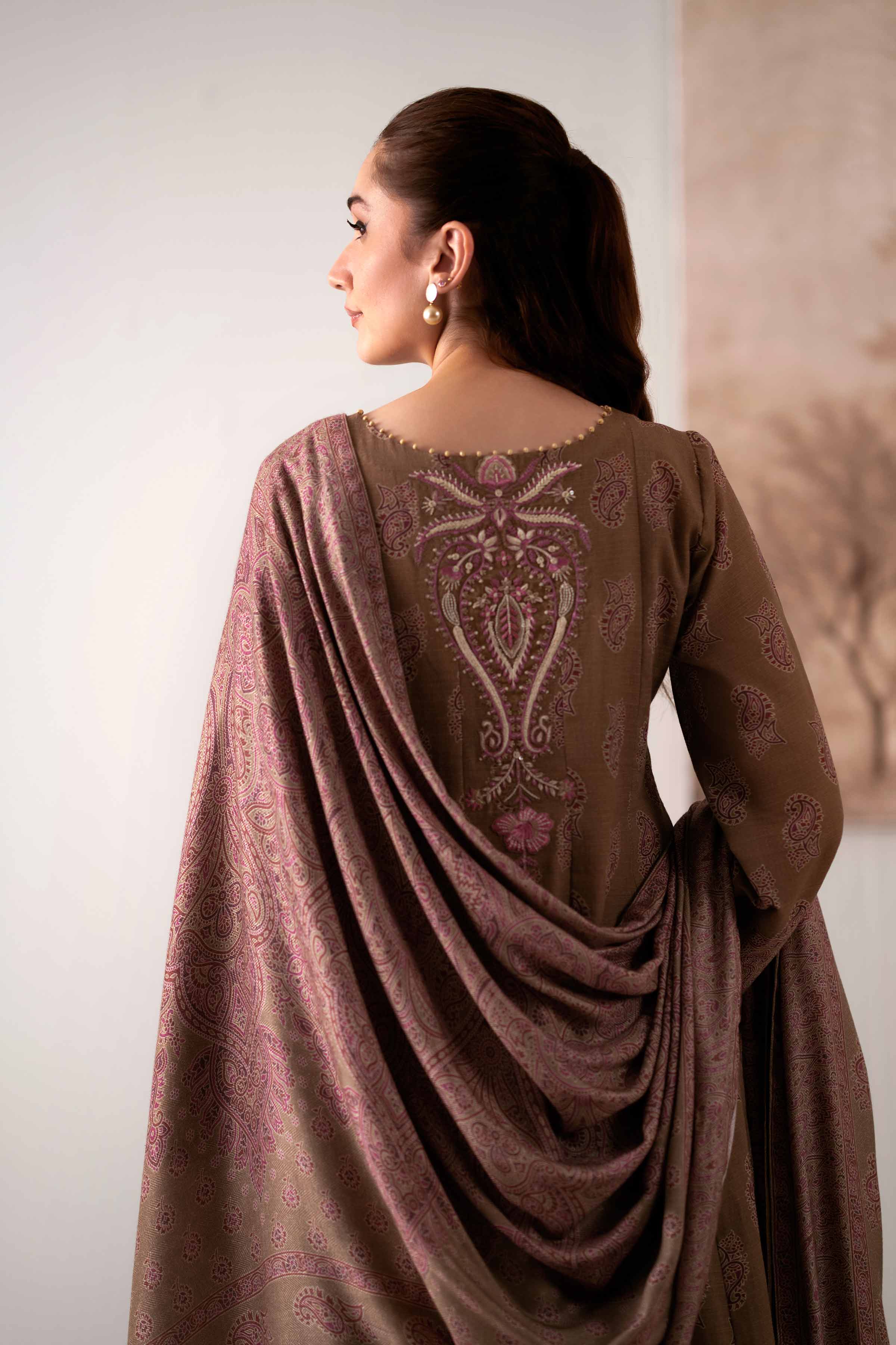 NISHATUAE - Beige Embroidered Khaddar 3-piece Unstitched Suit