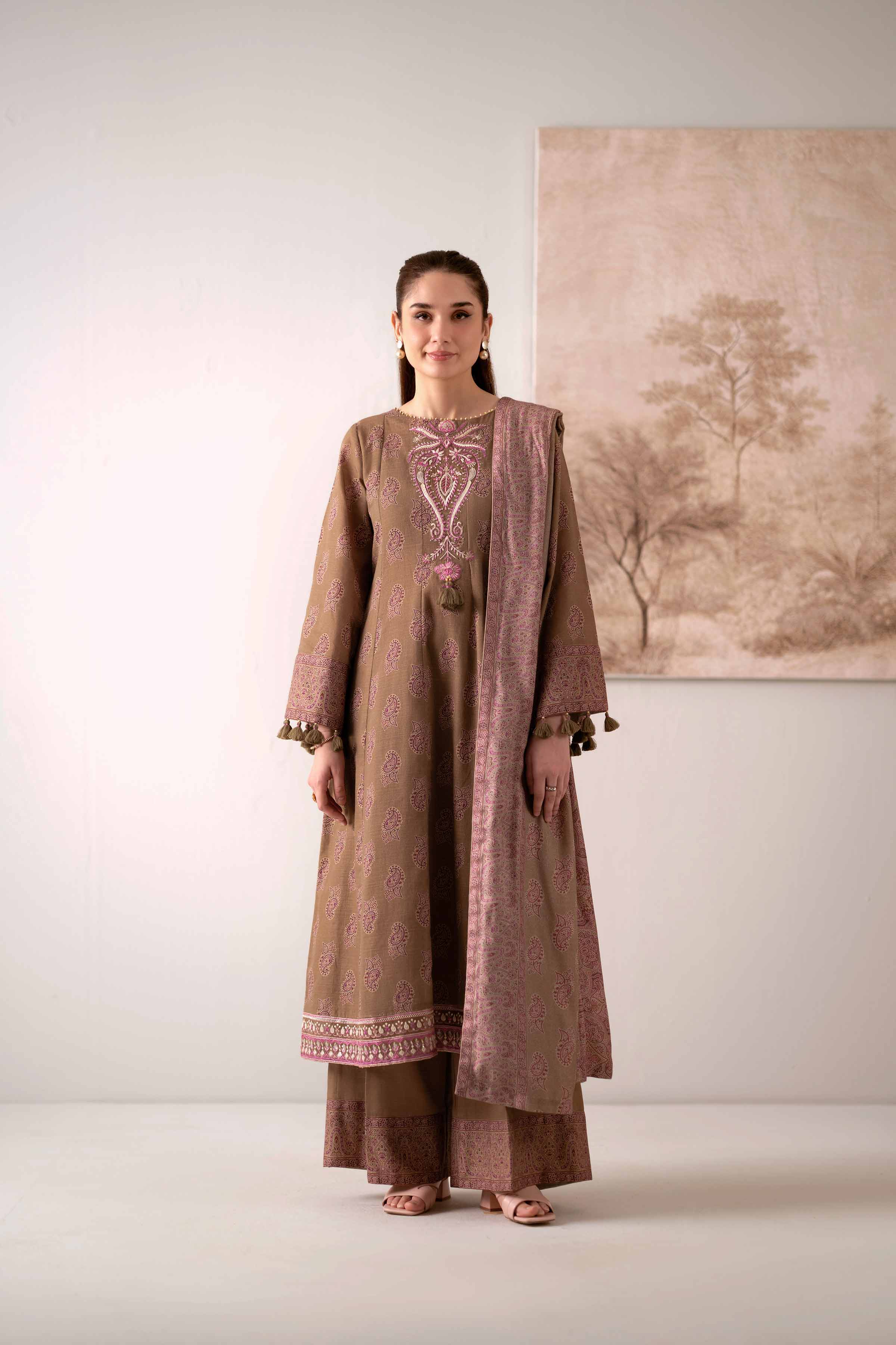 NISHATUAE - Beige Embroidered Khaddar 3-piece Unstitched Suit
