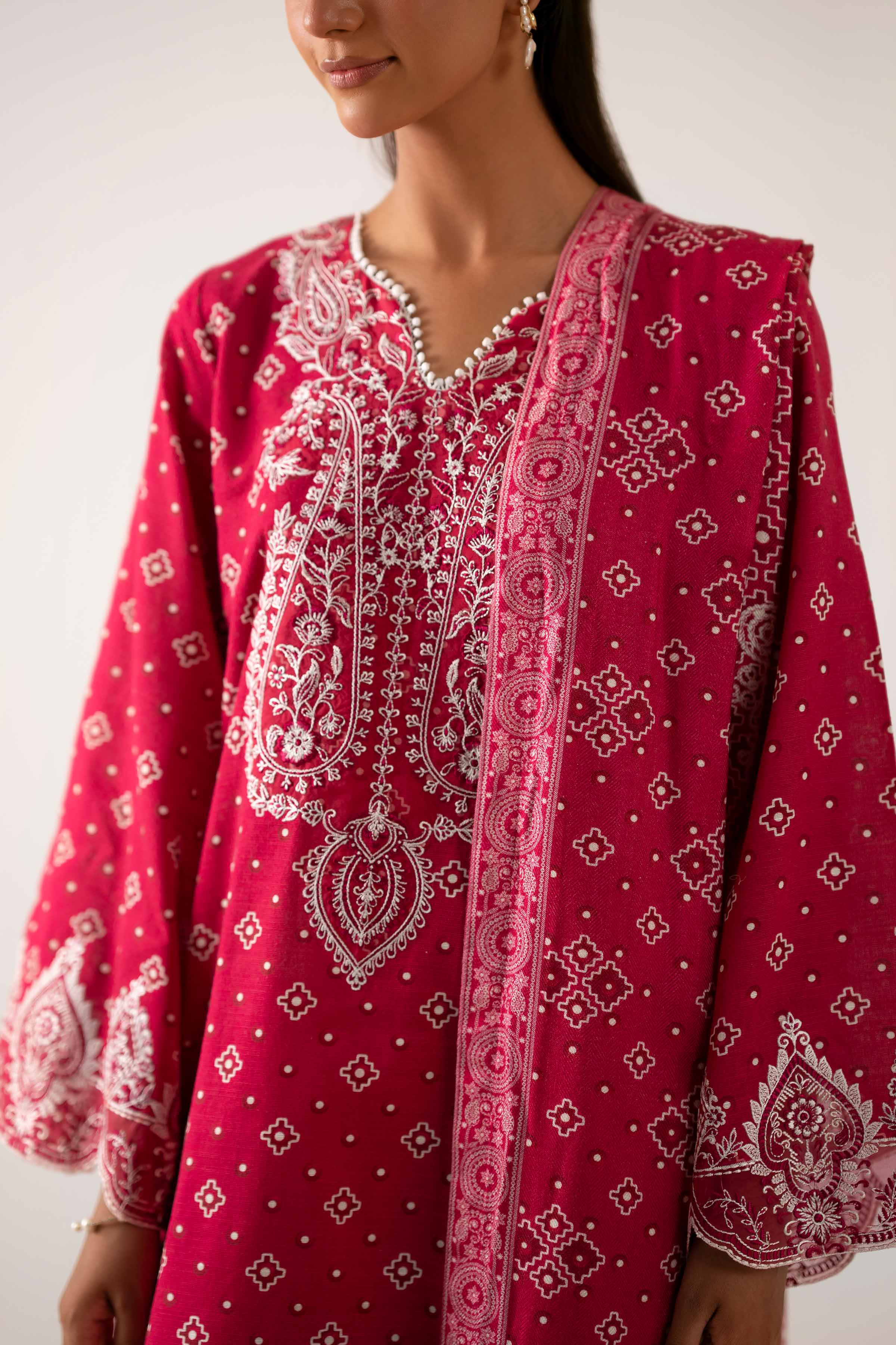 NISHATUAE - Red Embroidered Khaddar 3-piece Unstitched Suit
