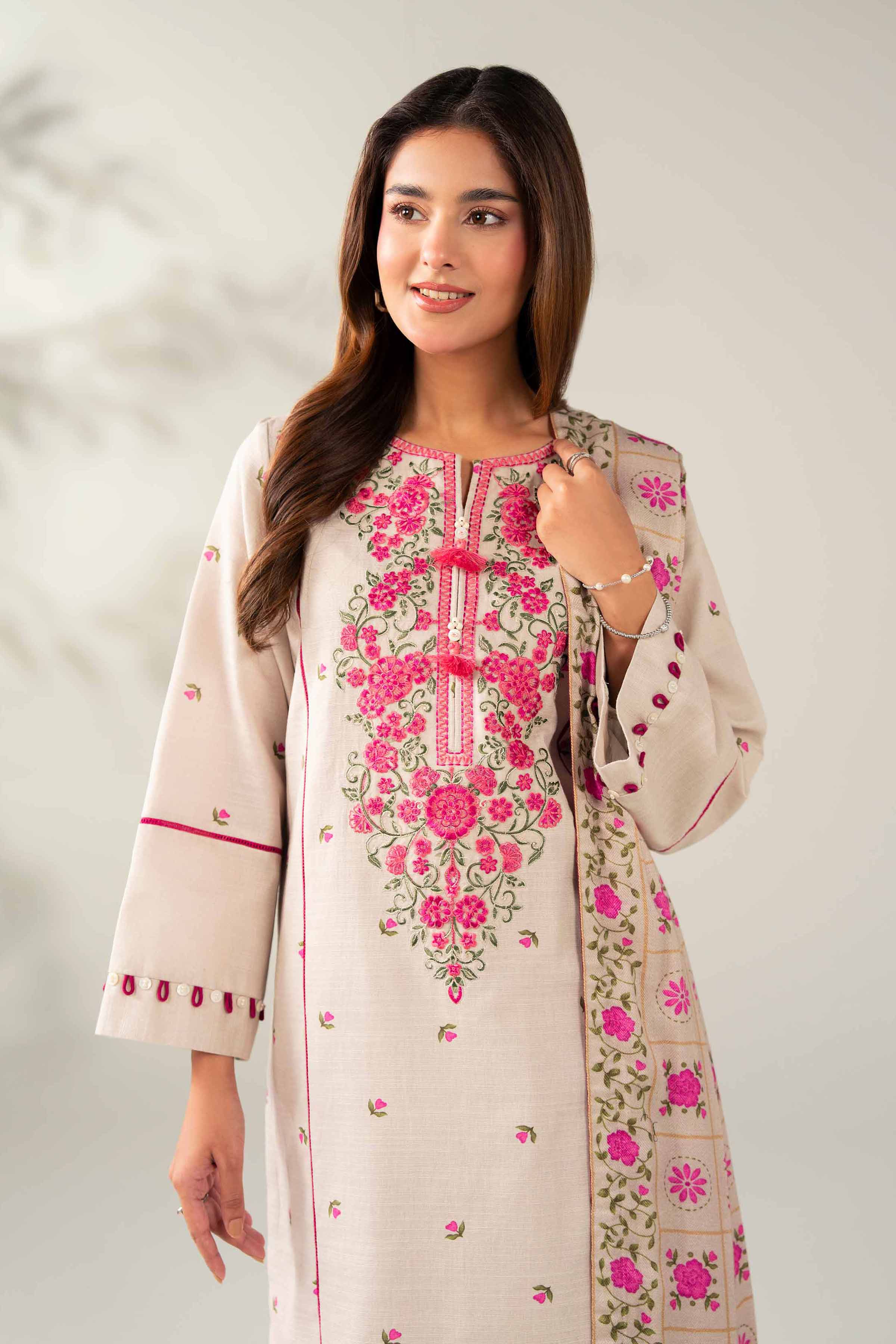 NISHATUAE - Beige Embroidered Khaddar 3-piece Unstitched Suit
